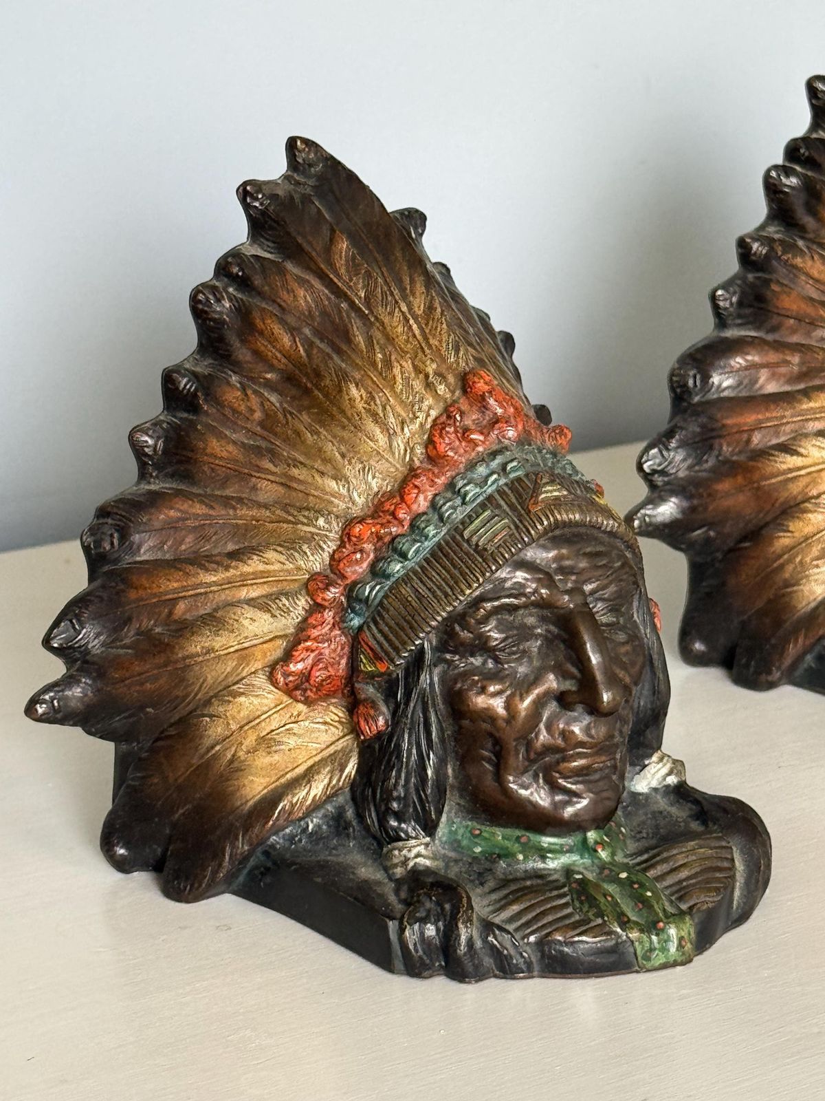 Pair Of Native American Chieftain Cold Painted Bronze Bookends Made In Austria 1920s photo for sale