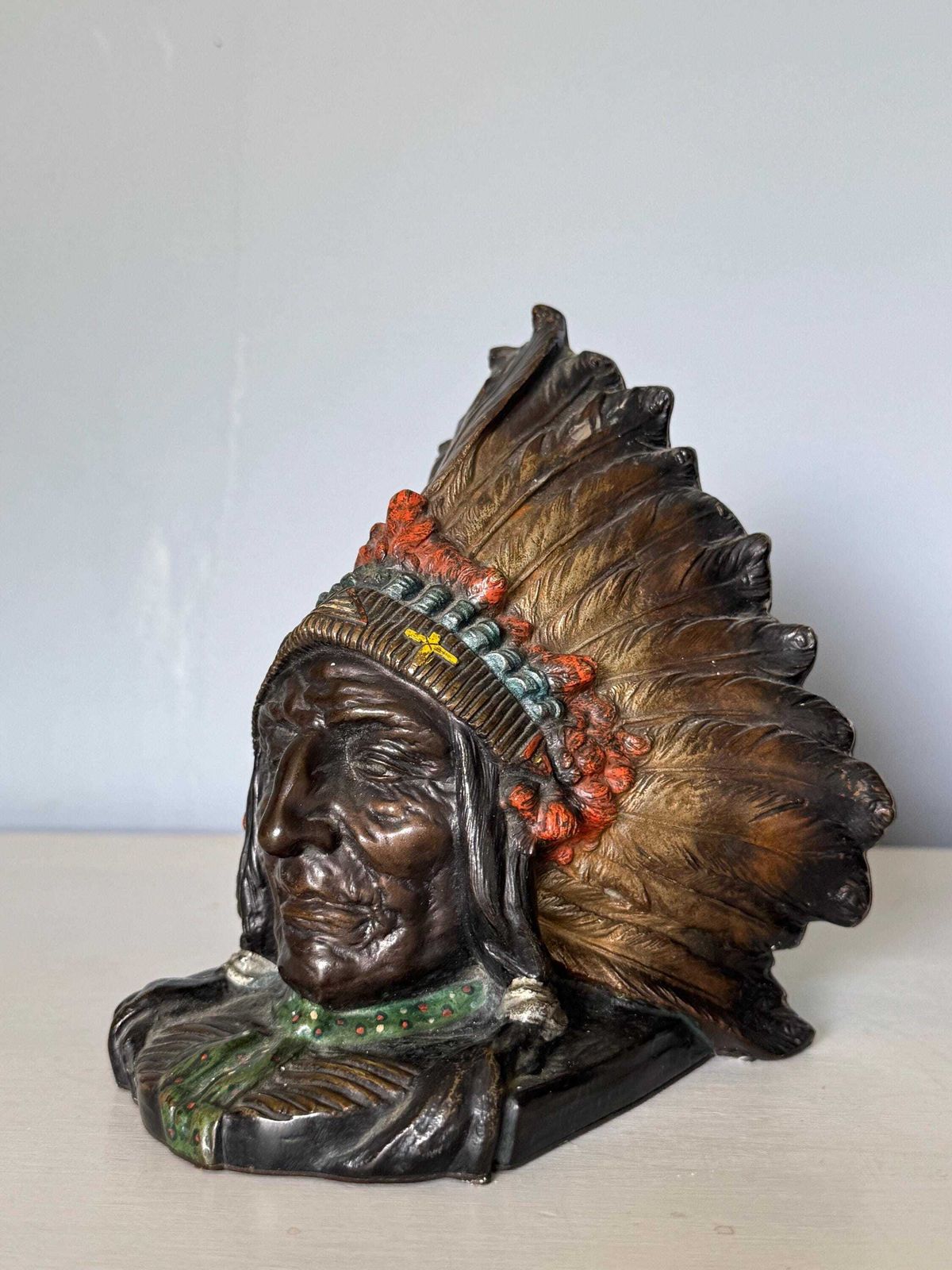 photo furniture Pair Of Native American Chieftain Cold Painted Bronze Bookends Made In Austria 1920s