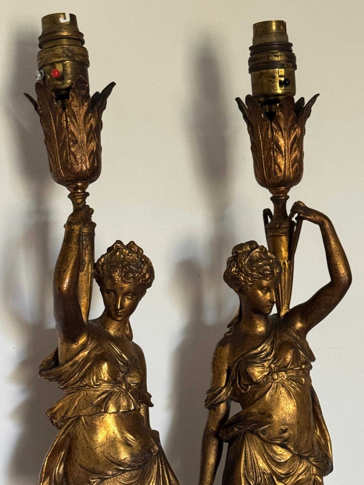 An Antique Pair Of French Glit Metal Table Lamps Depicting Classical Maidens On Antico Rosso Plinth Bases:French Design 1890s. photo Lighting