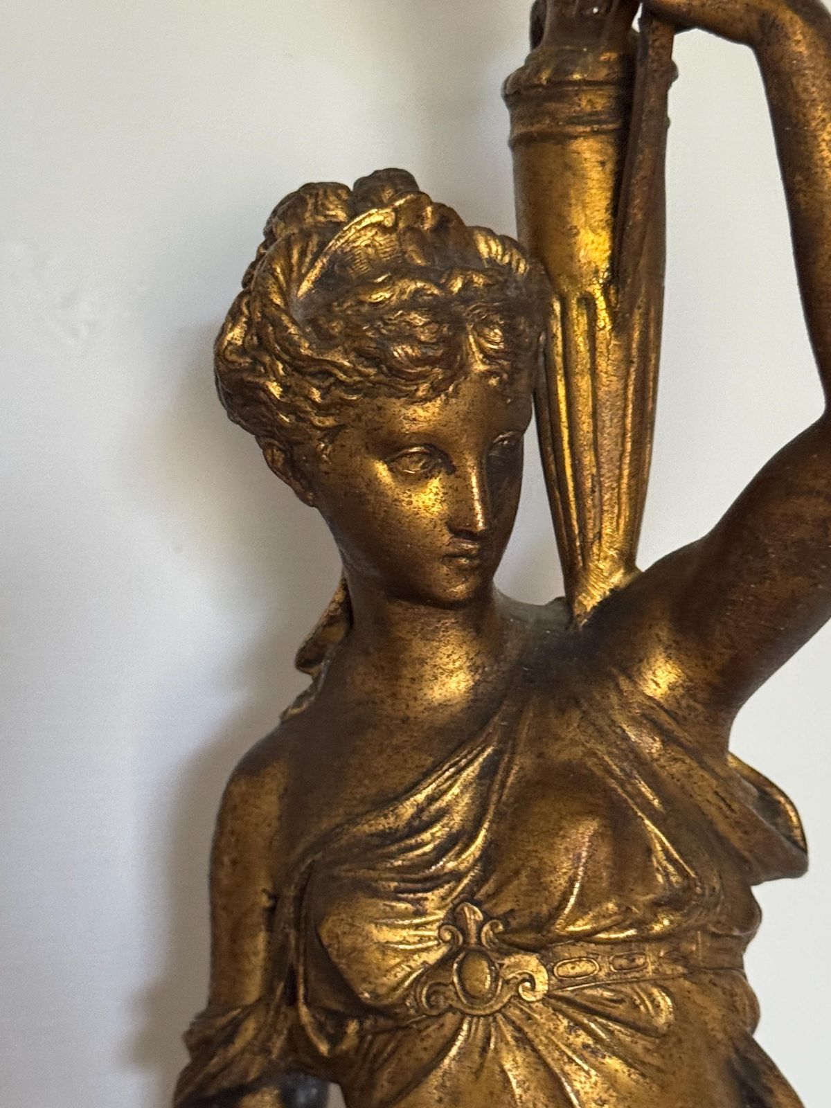 An Antique Pair Of French Glit Metal Table Lamps Depicting Classical Maidens On Antico Rosso Plinth Bases:French Design 1890s. photo vinterior
