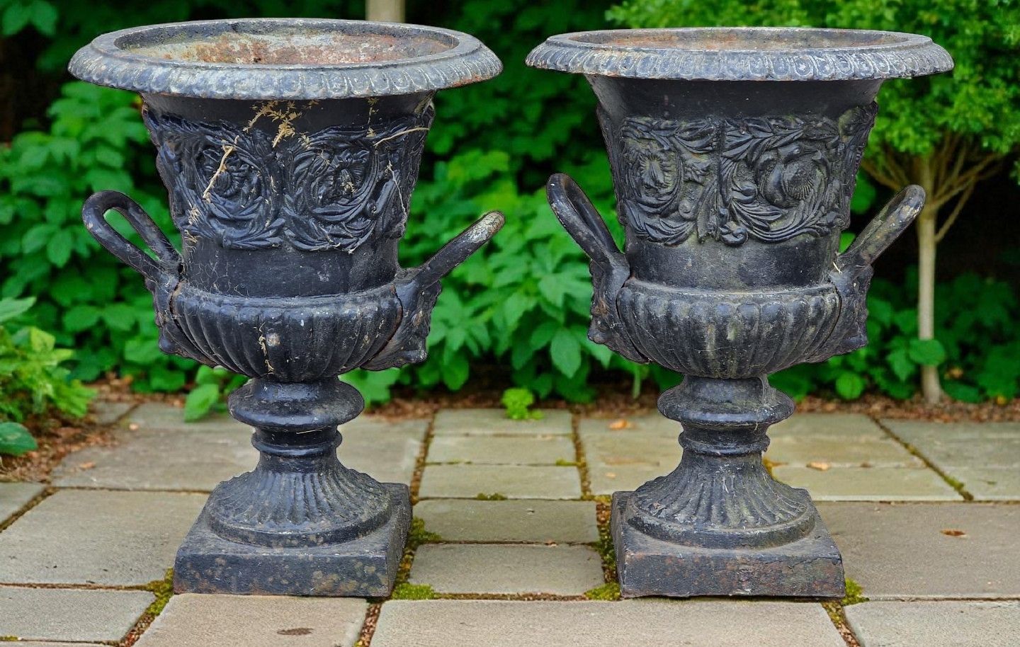 Pair Antique 19th Century Cast Iron Urns Lion Mask Handles  Delivery  Available 0086. photo furniture