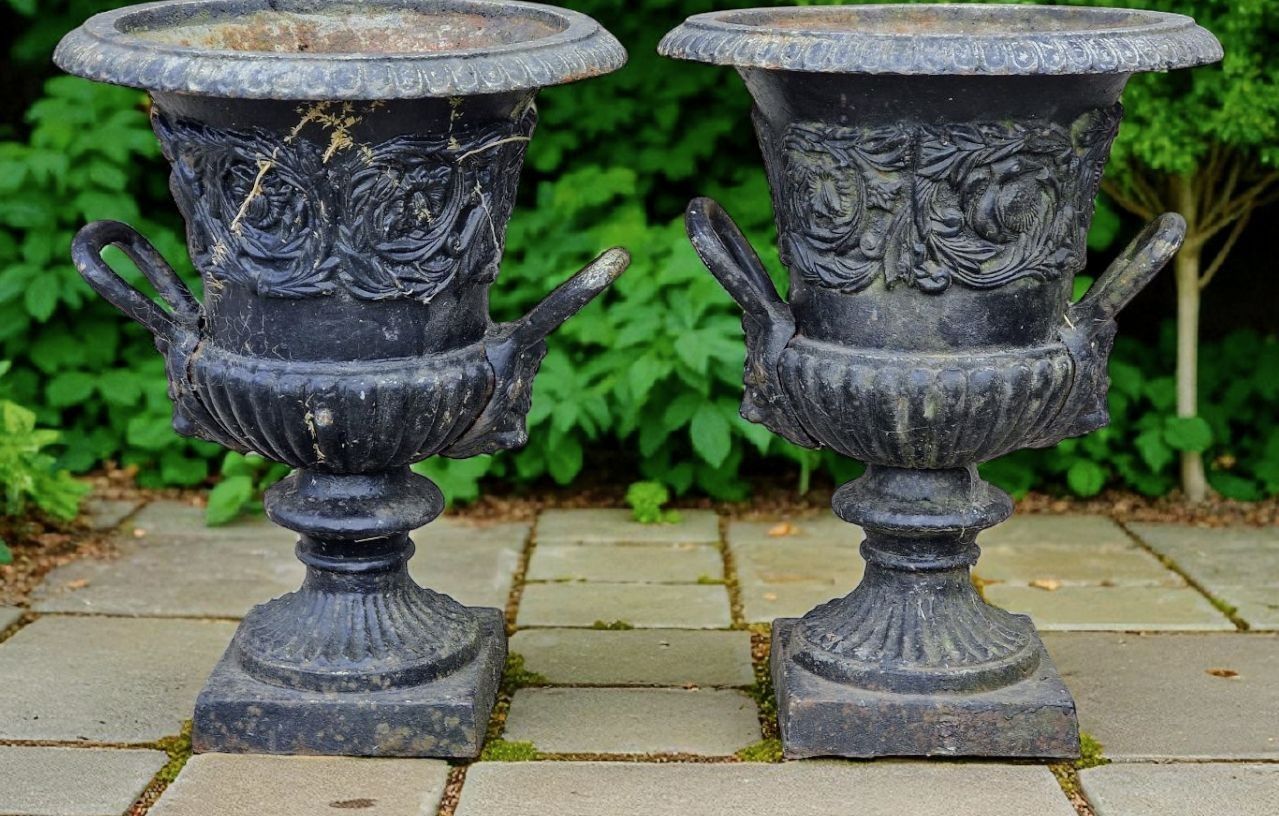 Pair Antique 19th Century Cast Iron Urns Lion Mask Handles  Delivery  Available 0086. photo for sale