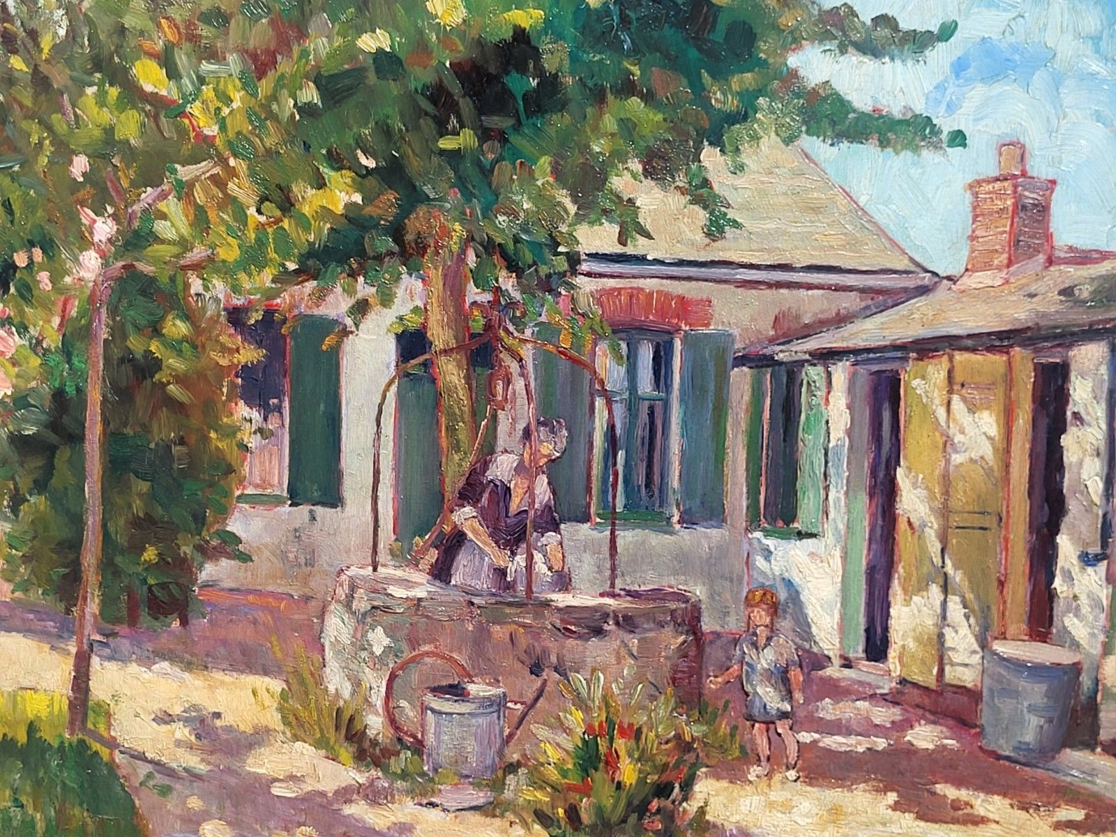 French School.  Rural Life Scene. 1923. Oil Painting On Wood Panel photo furniture