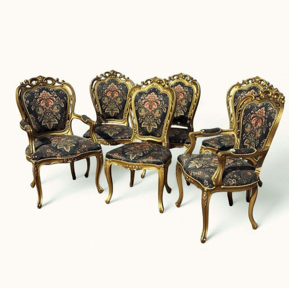 6 French Louis Style Gold Gilt Wooden And Upholstered Armchairs.