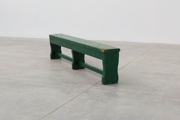 Rustic Primitive Green Farmhouse Bench In Oak, France, 1900s photo for sale