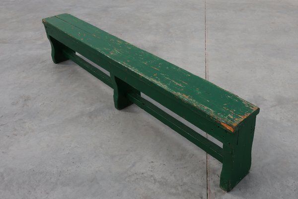Furniture Rustic Primitive Green Farmhouse Bench In Oak, France, 1900s photo