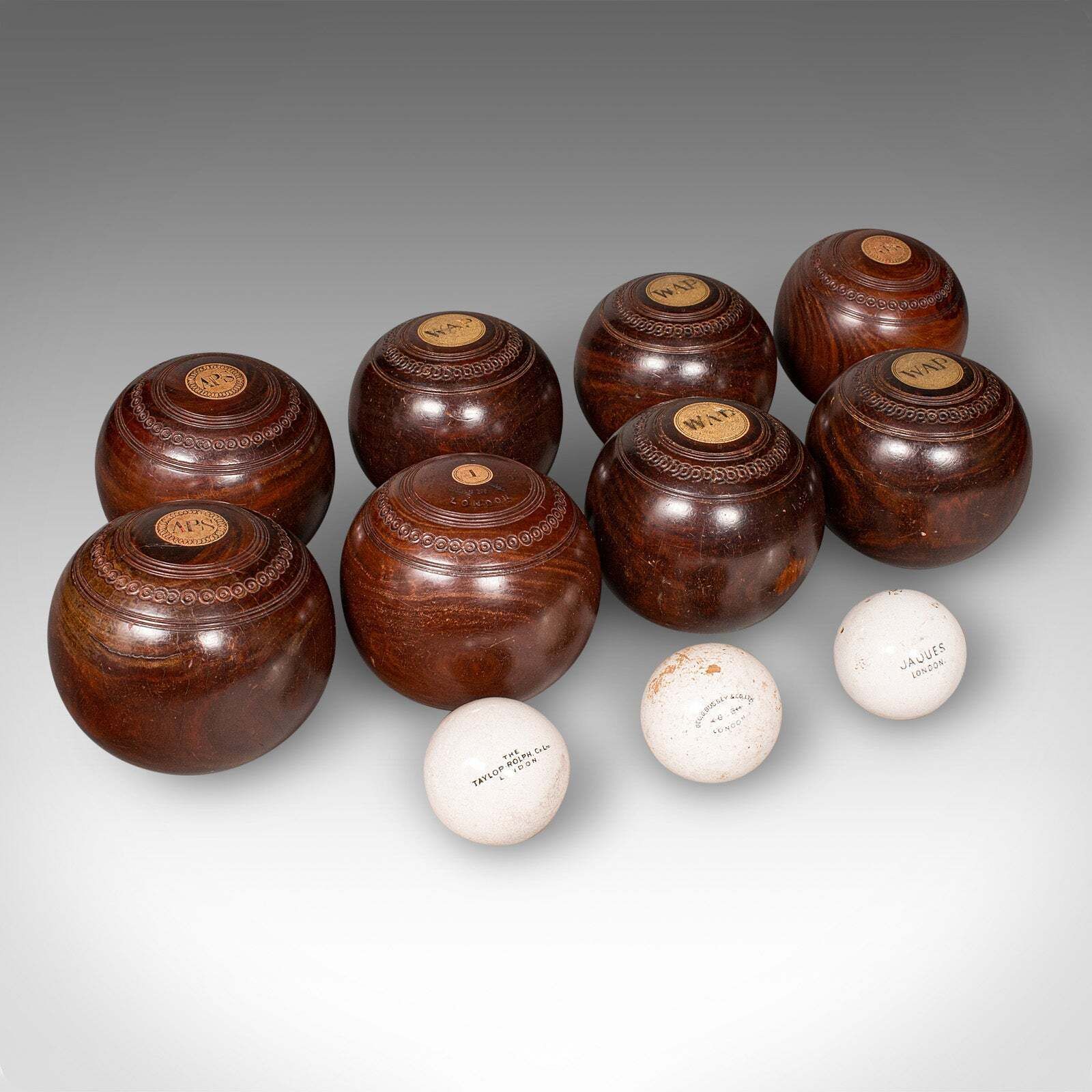 Antique Lawn Bowls Set English Woods Ceramic Jacks Garden Game Edwardian photo furniture