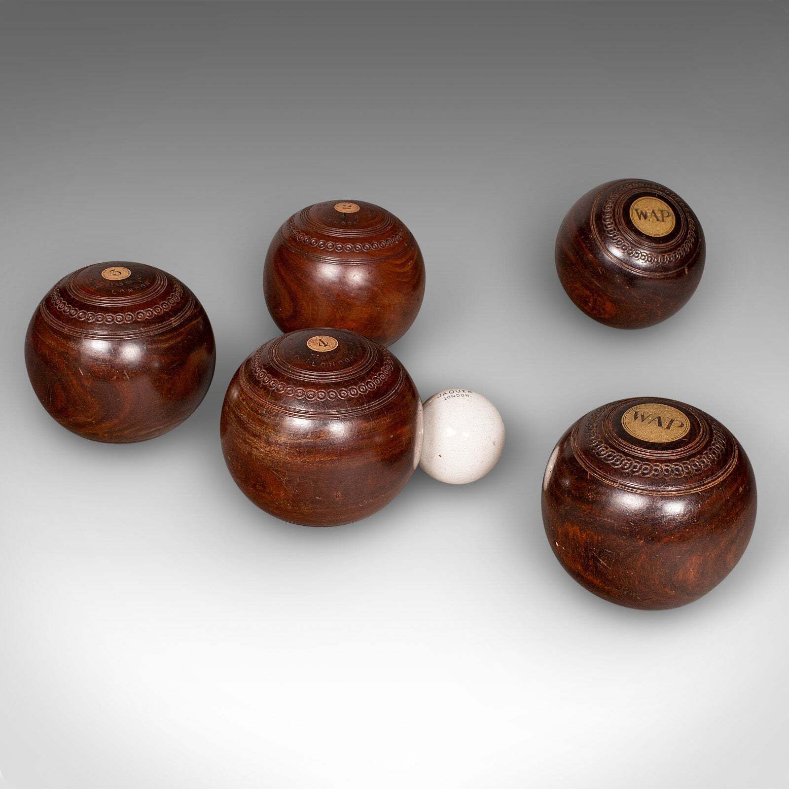 Antique Lawn Bowls Set English Woods Ceramic Jacks Garden Game Edwardian photo for sale