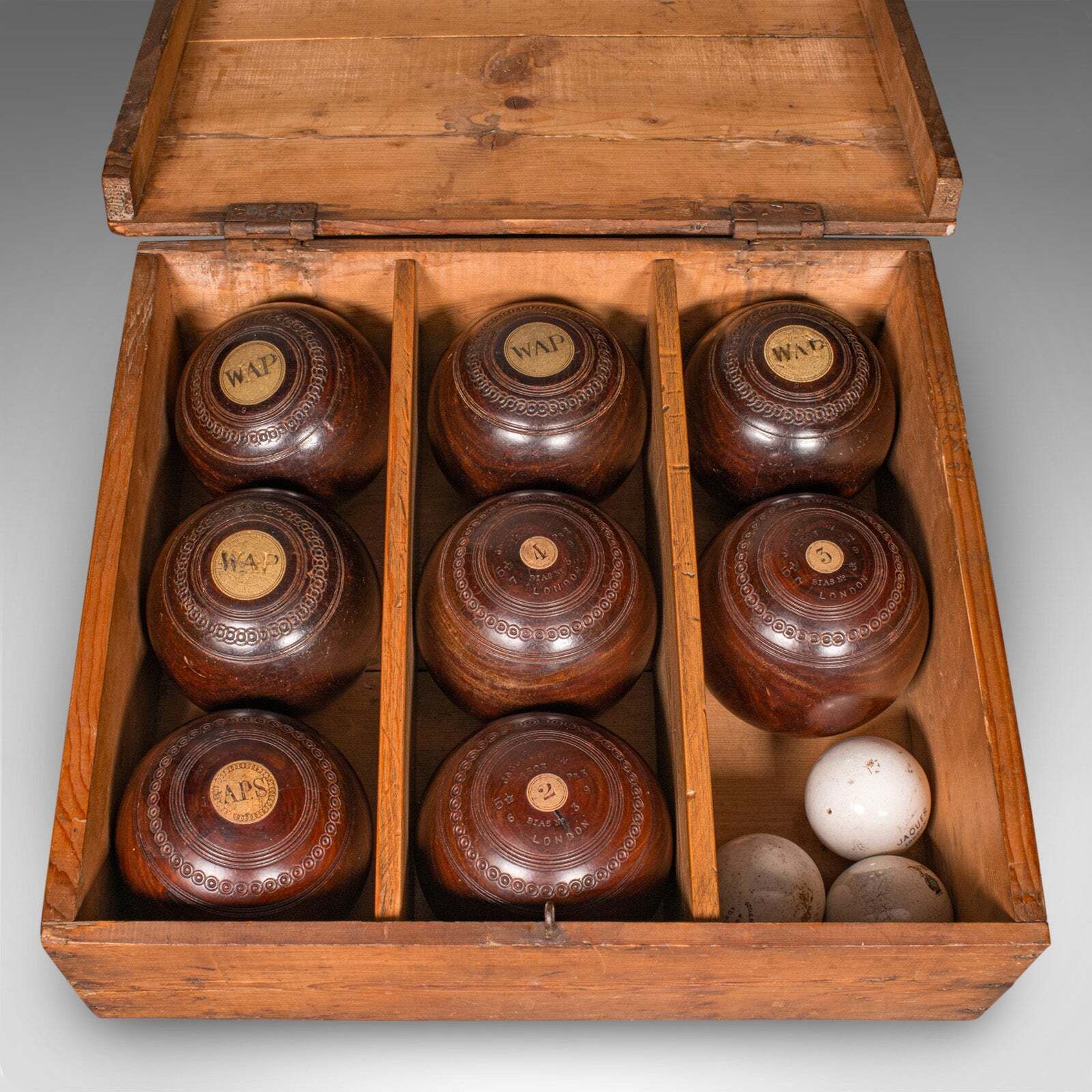 3233.0 Antique Lawn Bowls Set English Woods Ceramic Jacks Garden Game Edwardian photo