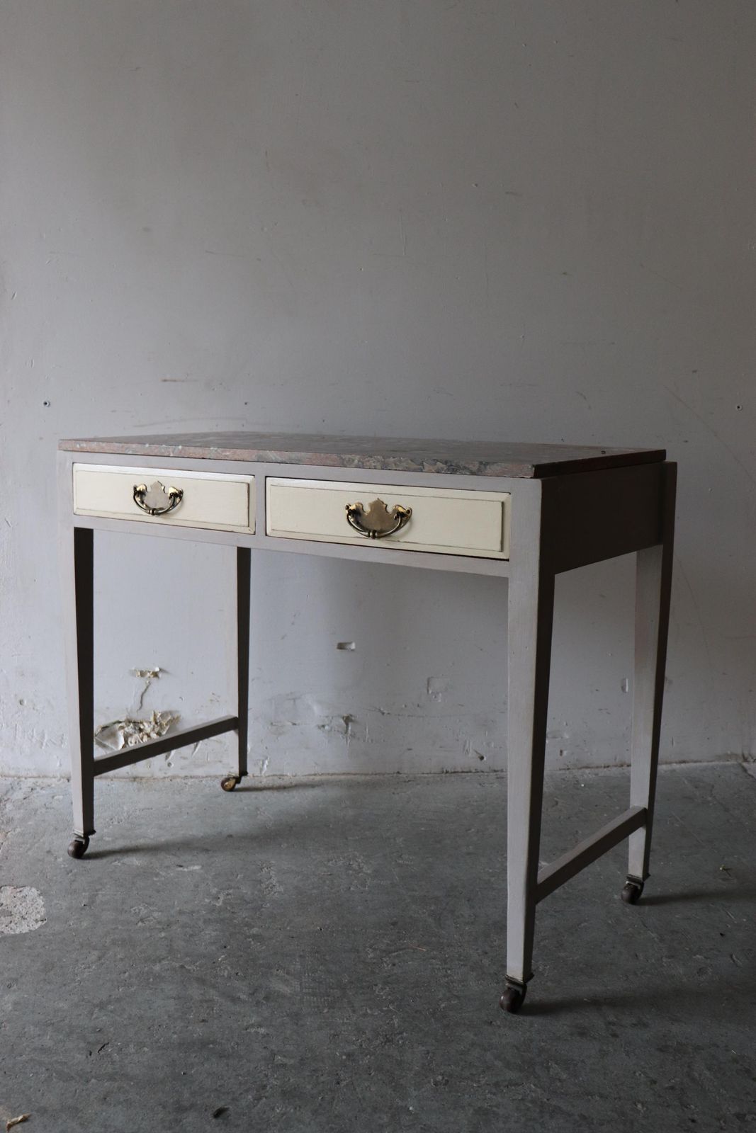 photo furniture Elegant Painted Vintage Washstand Or Dressing Table On Castors With Pink And Grey Marble Top