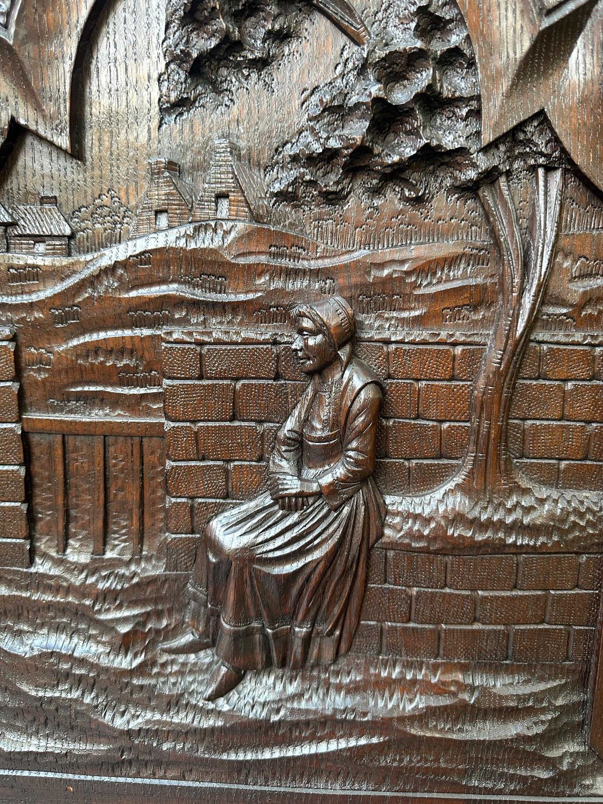 French Large Breton Carved Oak Door, Seated Woman Scene, Late 19thc / Early 20thc, Lower Cabinet Antique Panel photo furniture