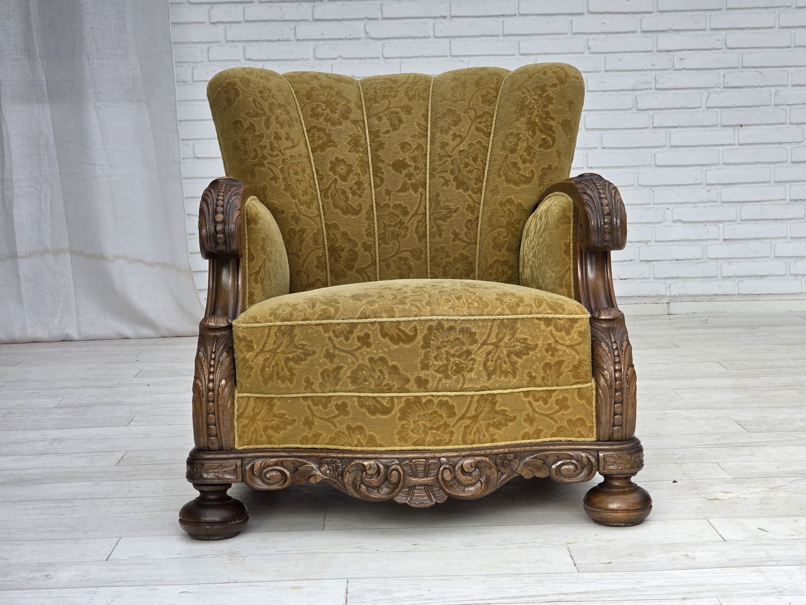 1960s, Danish Armchair, Furniture Wool, Solid Oak Wood. photo Furniture