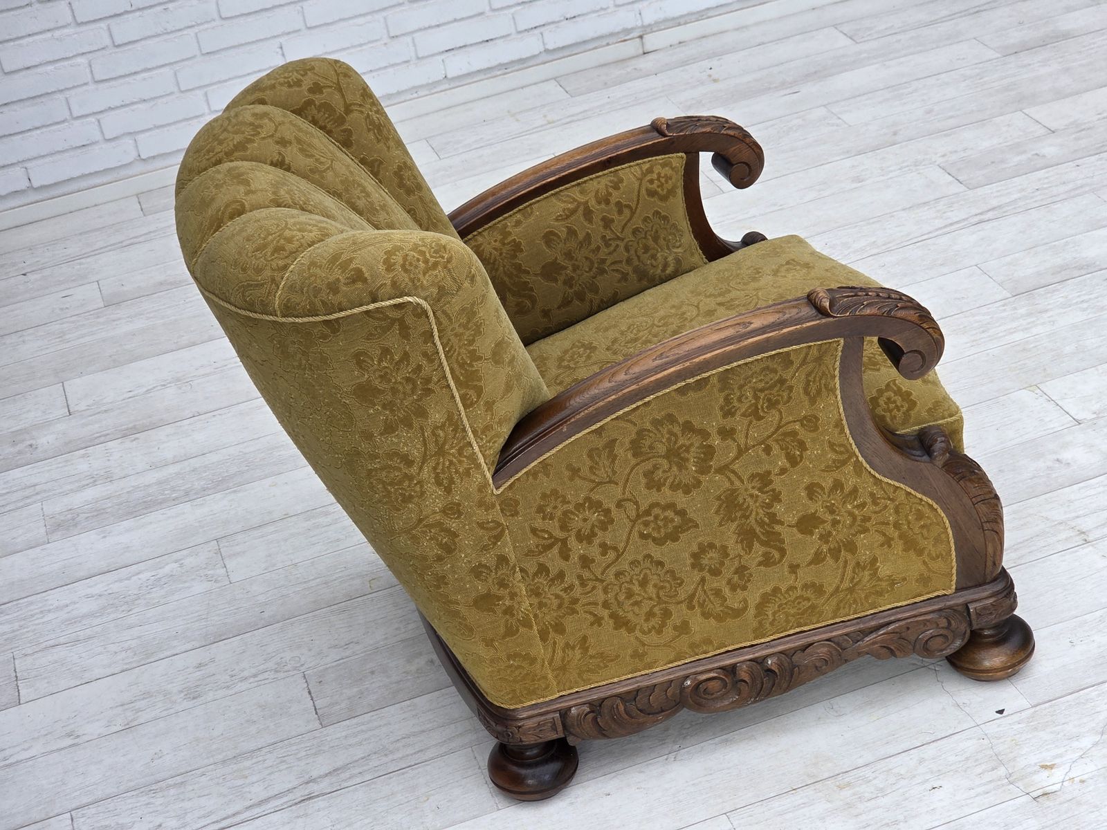 1960s, Danish Armchair, Furniture Wool, Solid Oak Wood. photo vintage