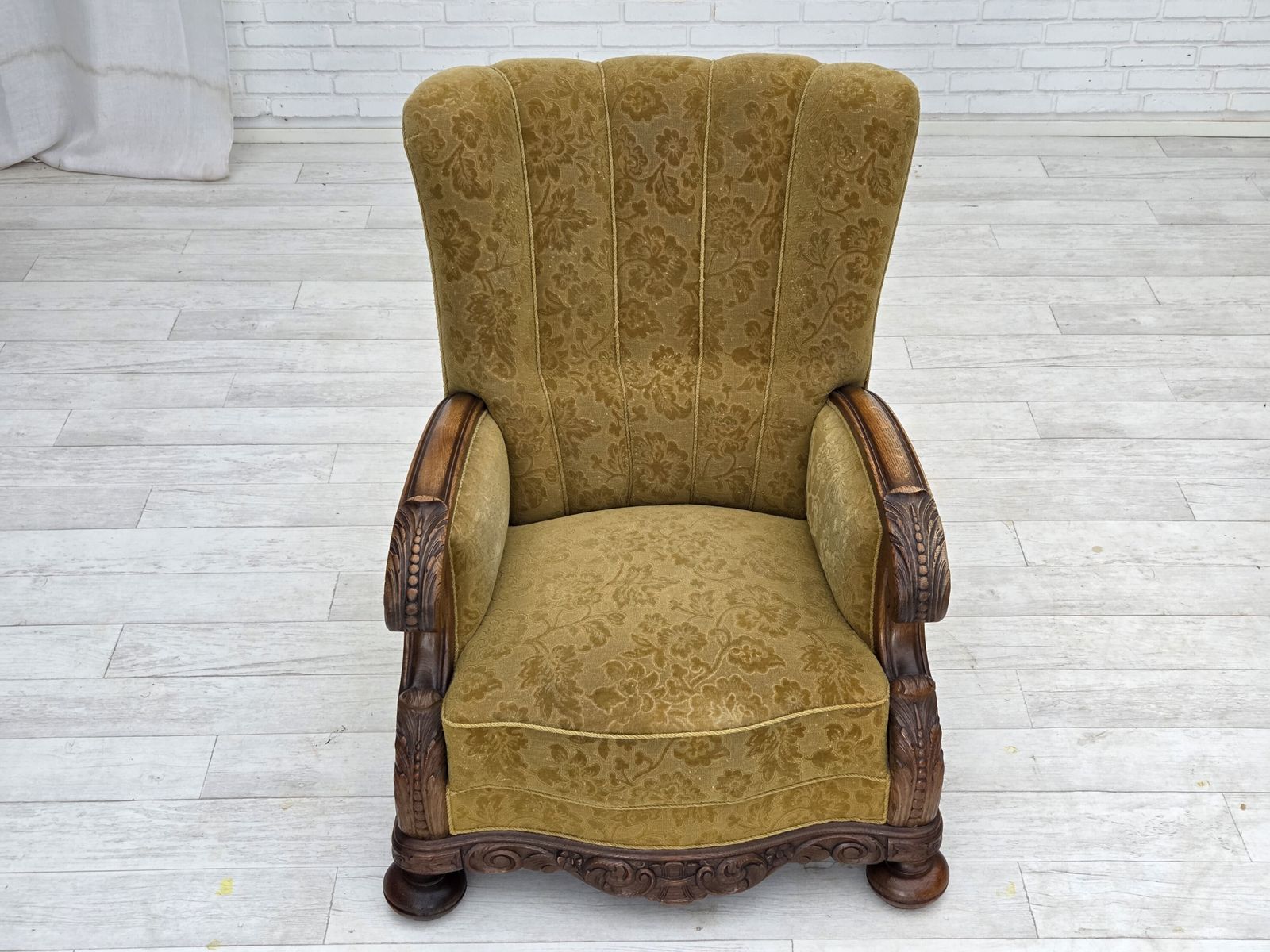 1960s, Danish Highback Armchair, Furniture Wool, Solid Oak Wood. photo vintage