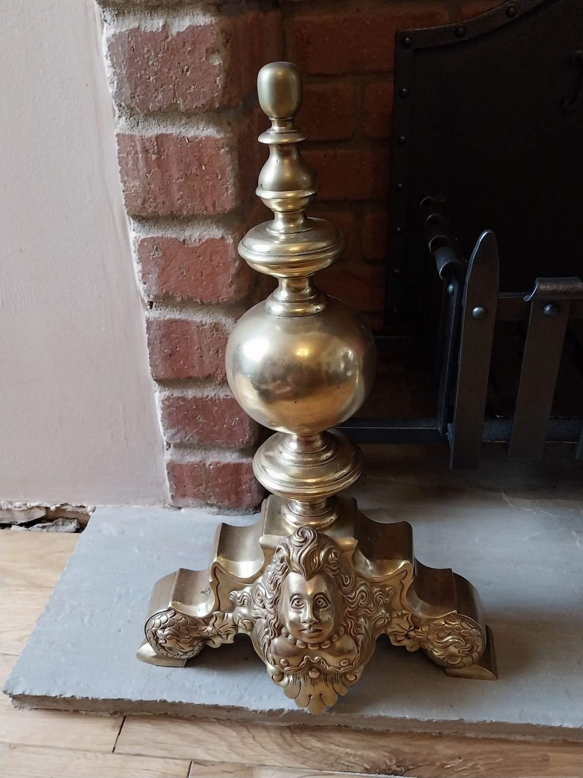 photo for sale Victorian French Cast And Wrought Iron Fire Basket With Marmoset Baroque Fire Dogs.