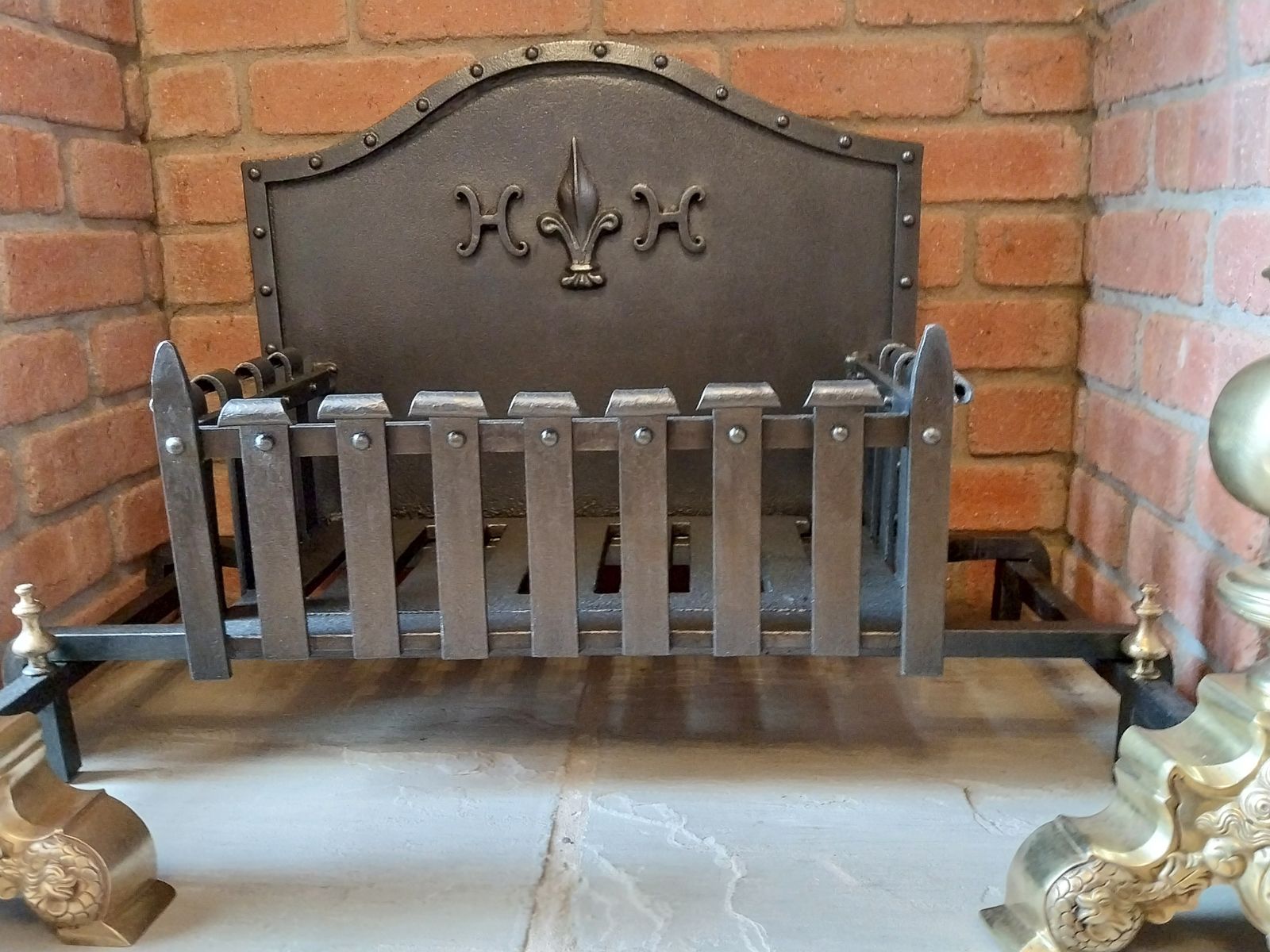 900.0 Victorian French Cast And Wrought Iron Fire Basket With Marmoset Baroque Fire Dogs. photo