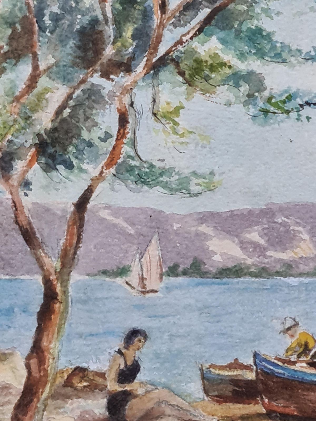 Day At The Beach, Mid Century French Watercolour, 1950s By Madelaine Geoffroy photo vintage