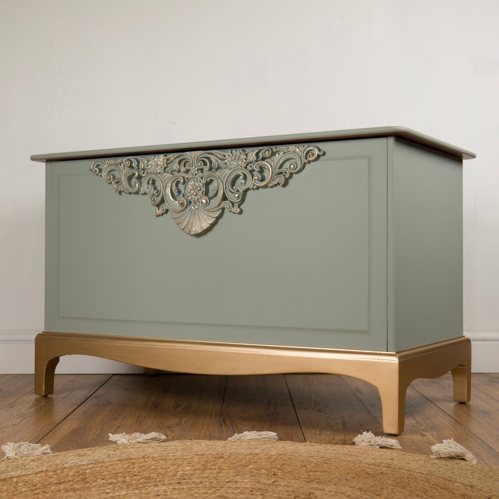 Upcycled Stag Minstrel Blanket Box – Green Grey With Large Carving & Pale Gold Accents photo furniture