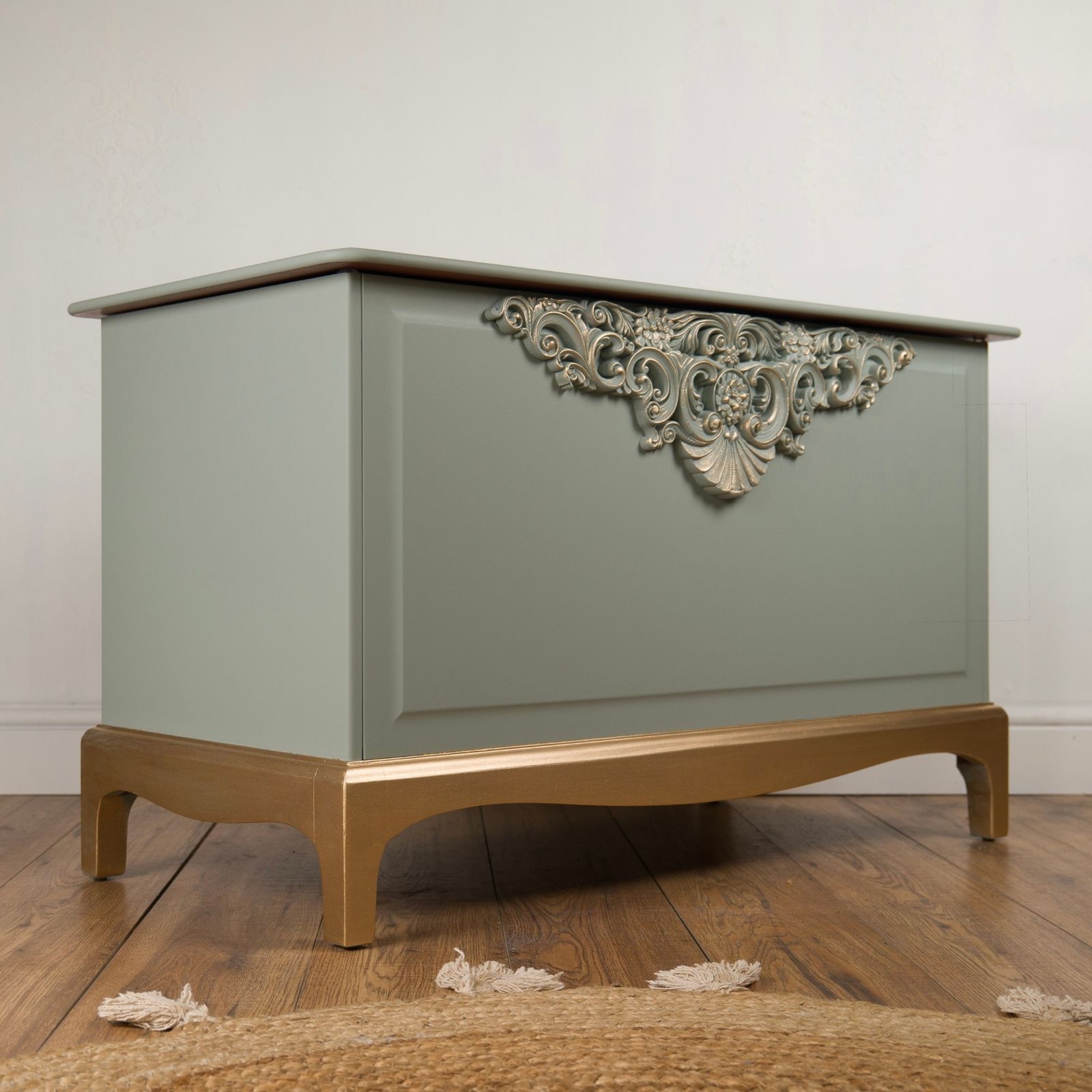 Upcycled Stag Minstrel Blanket Box – Green Grey With Large Carving & Pale Gold Accents photo vintage