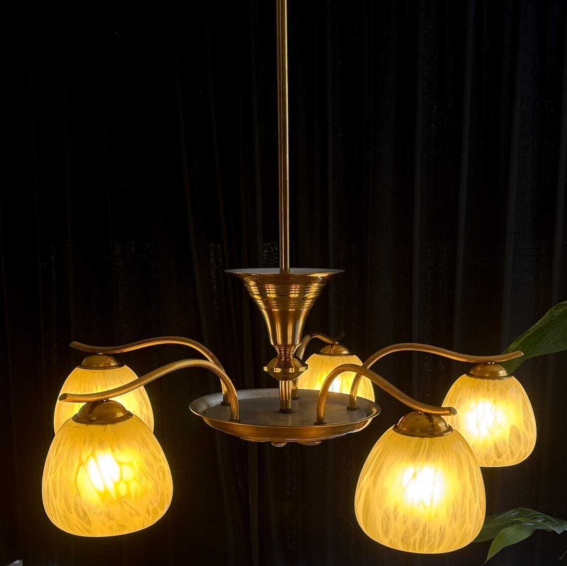 Antiek Vintage Kroonluchter Art Deco Plafondlamp Messing Gemarmerd Glas Mid Century Regency photo furniture
