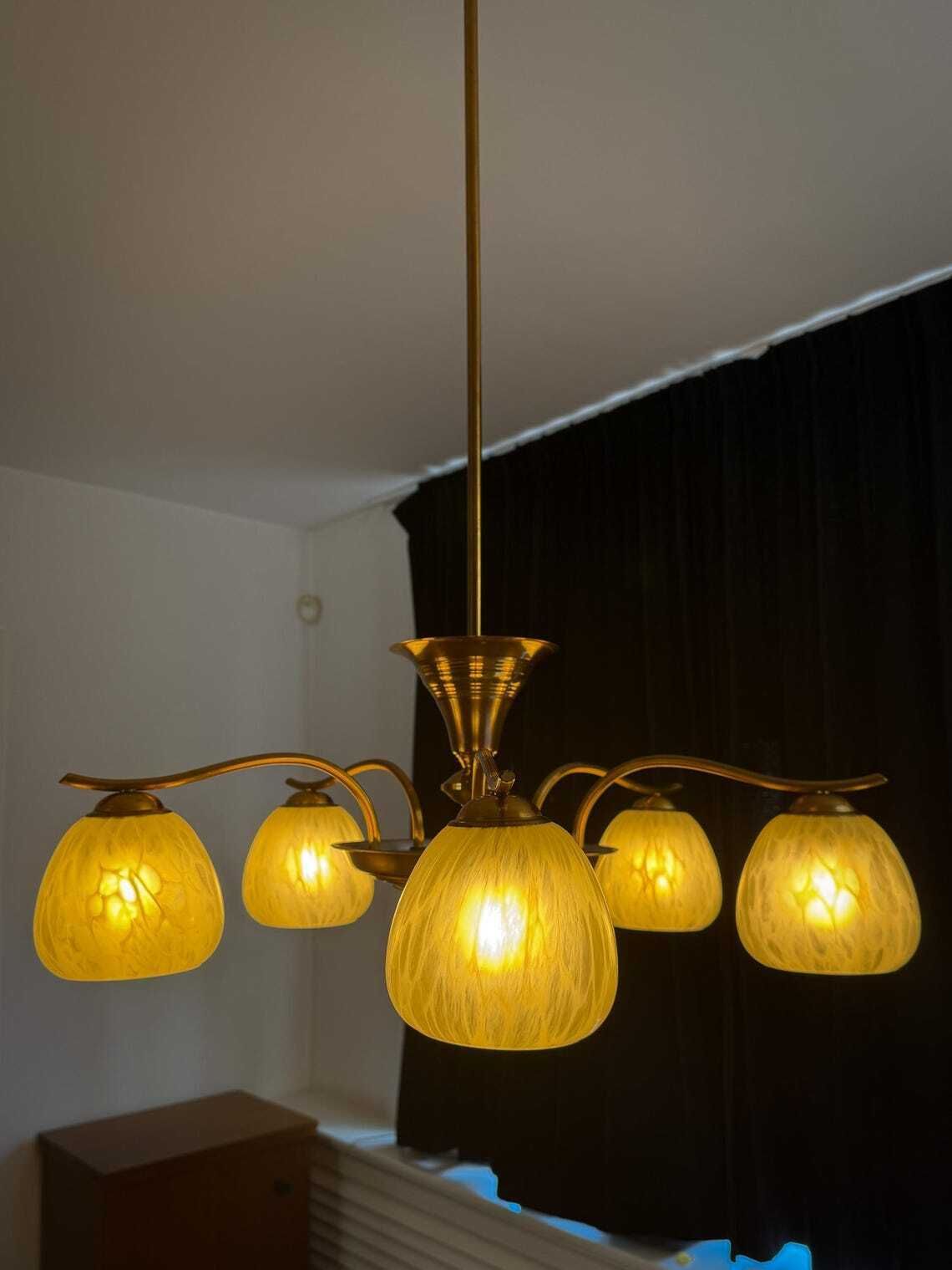 Antiek Vintage Kroonluchter Art Deco Plafondlamp Messing Gemarmerd Glas Mid Century Regency photo buy