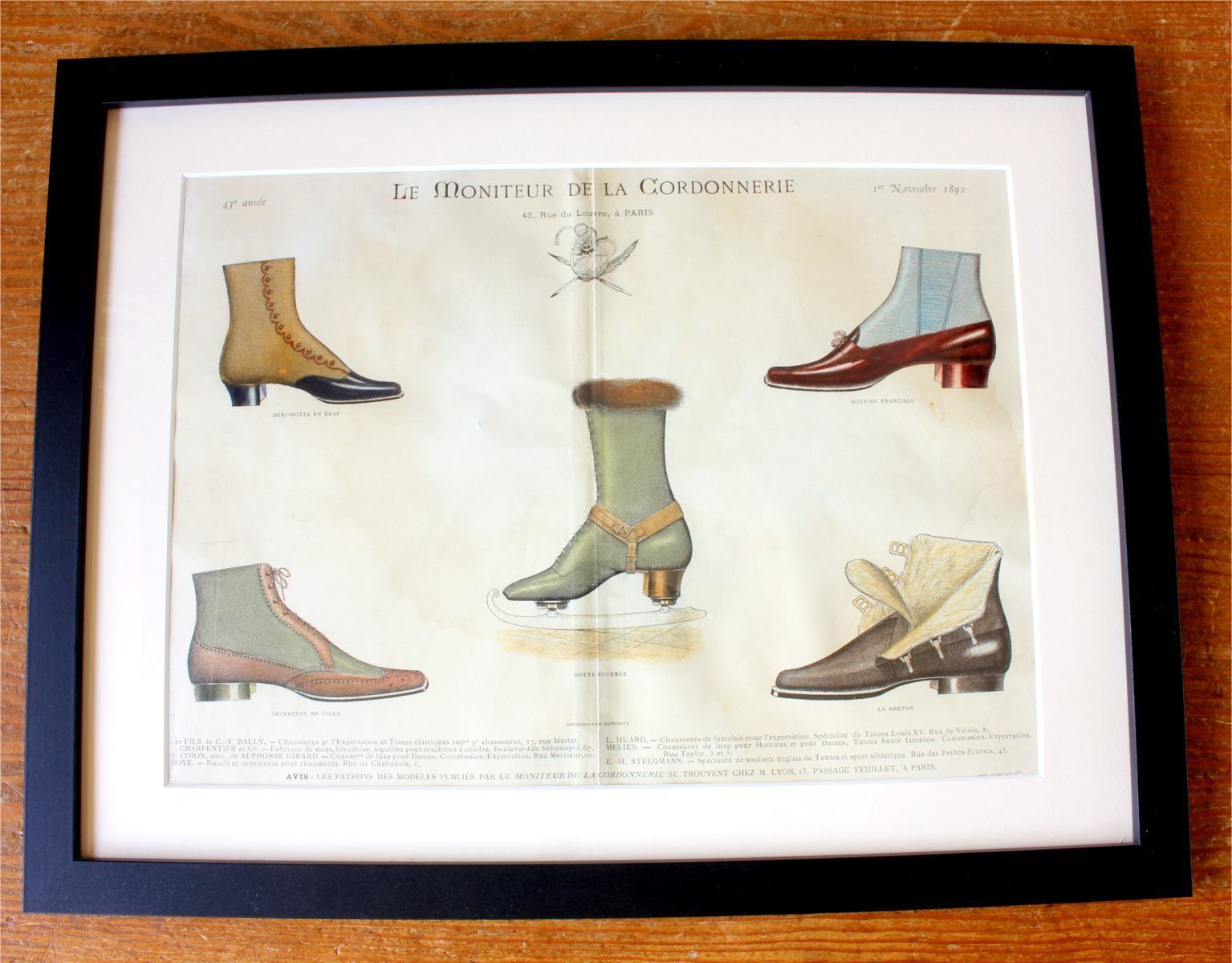 Antique French Footwear Lithographs. Paris France Shoe Shop Prints. photo for sale