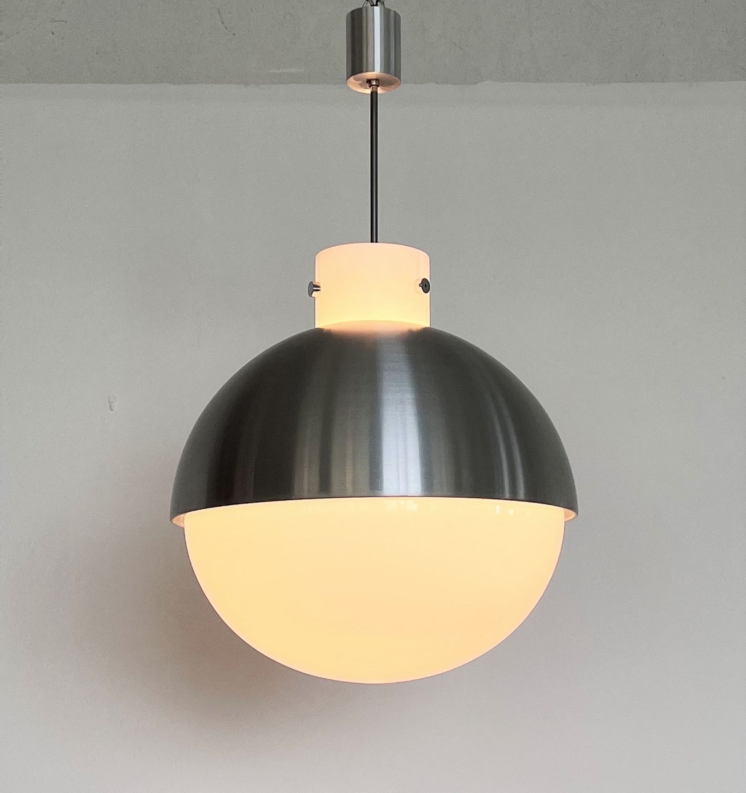 Pair Glashütte Limburg Giant Aluminium And White Glass Globe Chandelier, 1970s photo for sale