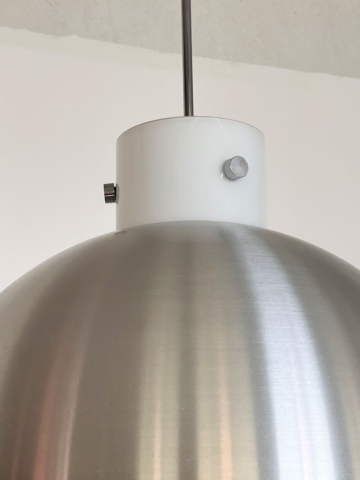 photo for sale Pair Glashütte Limburg Giant Aluminium And White Glass Globe Chandelier, 1970s