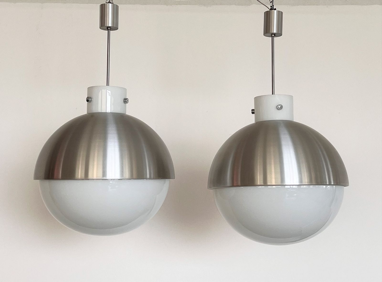 Lighting Pair Glashütte Limburg Giant Aluminium And White Glass Globe Chandelier, 1970s photo