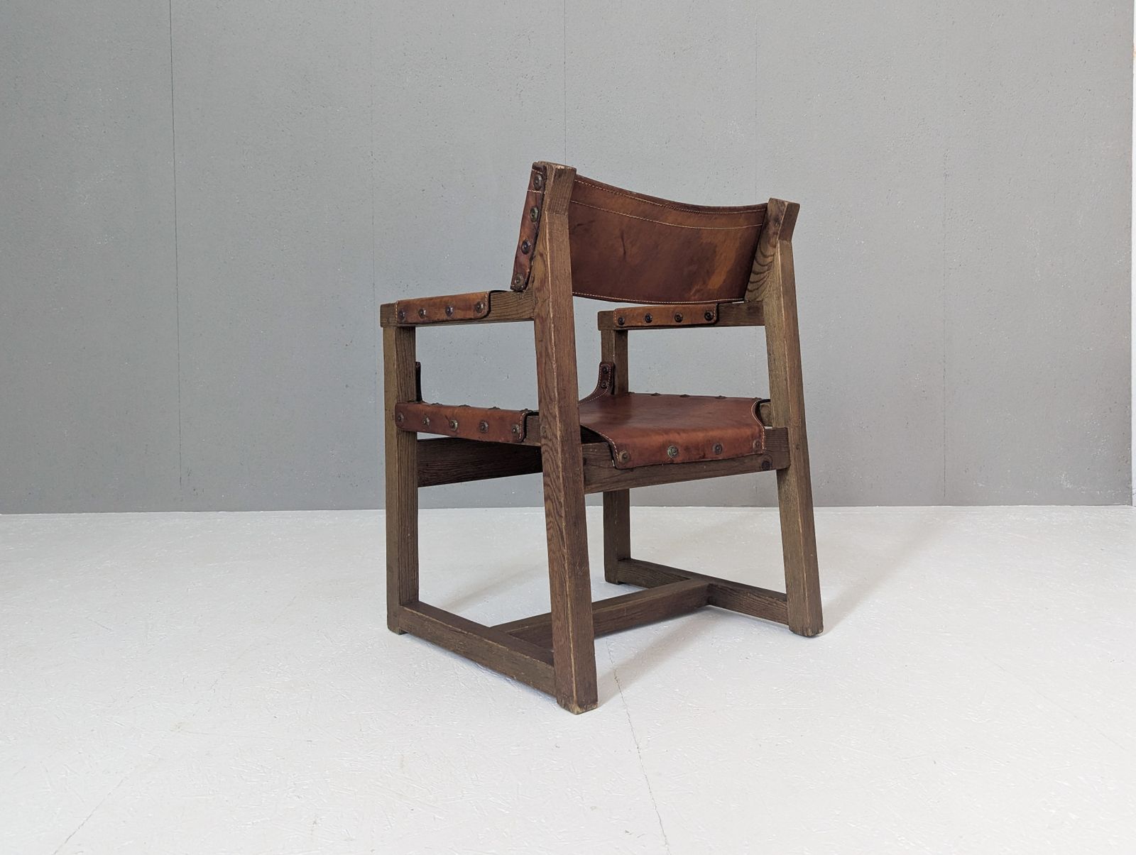 Furniture Spanish Brutalist Leather Armchair By Biosca, 1950s photo