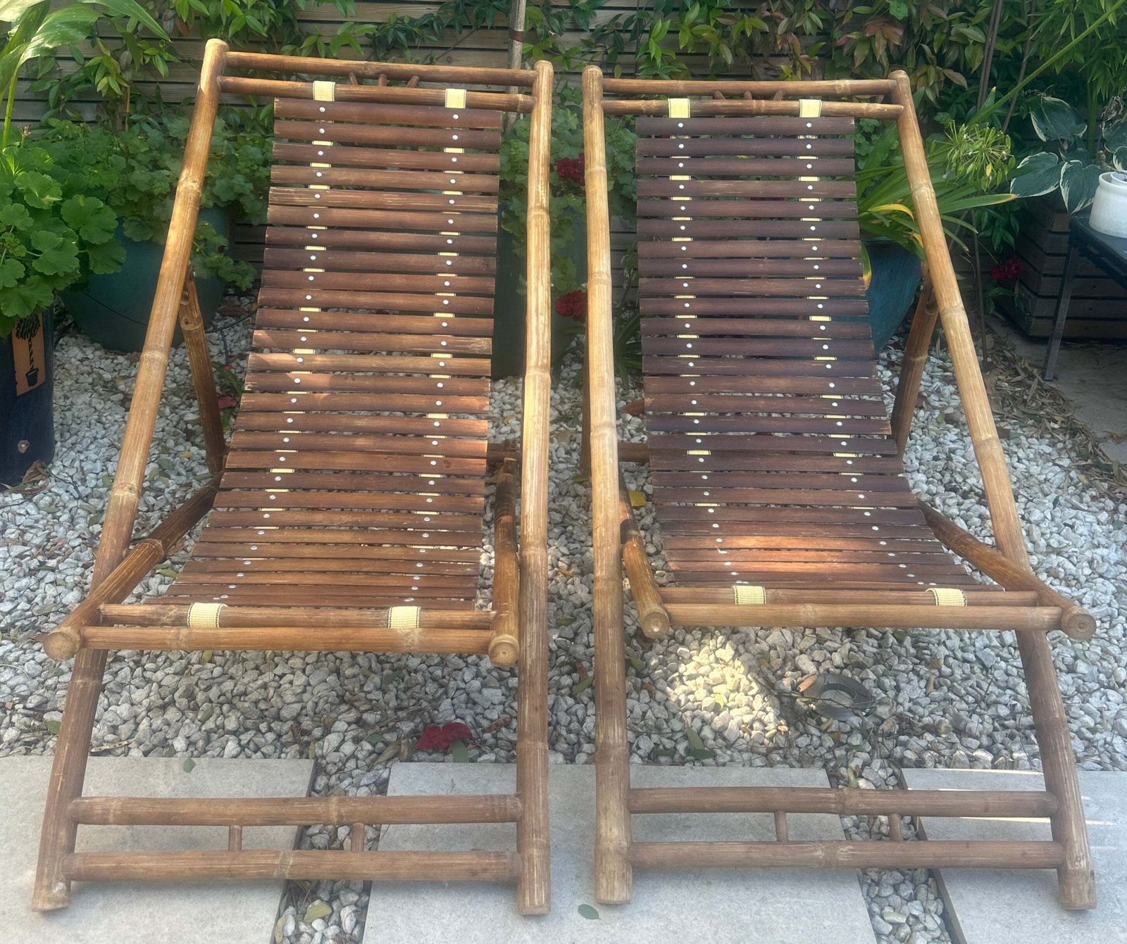 Pair Of 1980s Rustic Italian Bamboo Slatted Deck Chairs Or Sun Loungers photo for sale