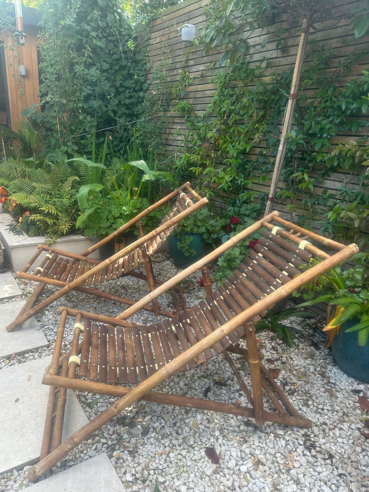 Pair Of 1980s Rustic Italian Bamboo Slatted Deck Chairs Or Sun Loungers photo buy