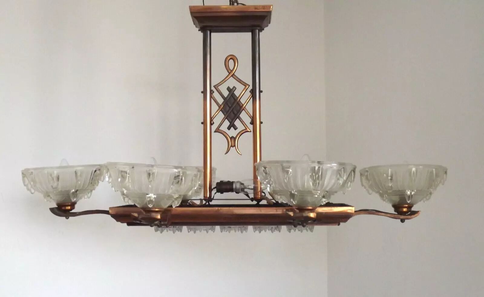 French Art Deco 6 Arm, 10 Light Chandelier In Petitot Ezan Style, Copper Tone Finish