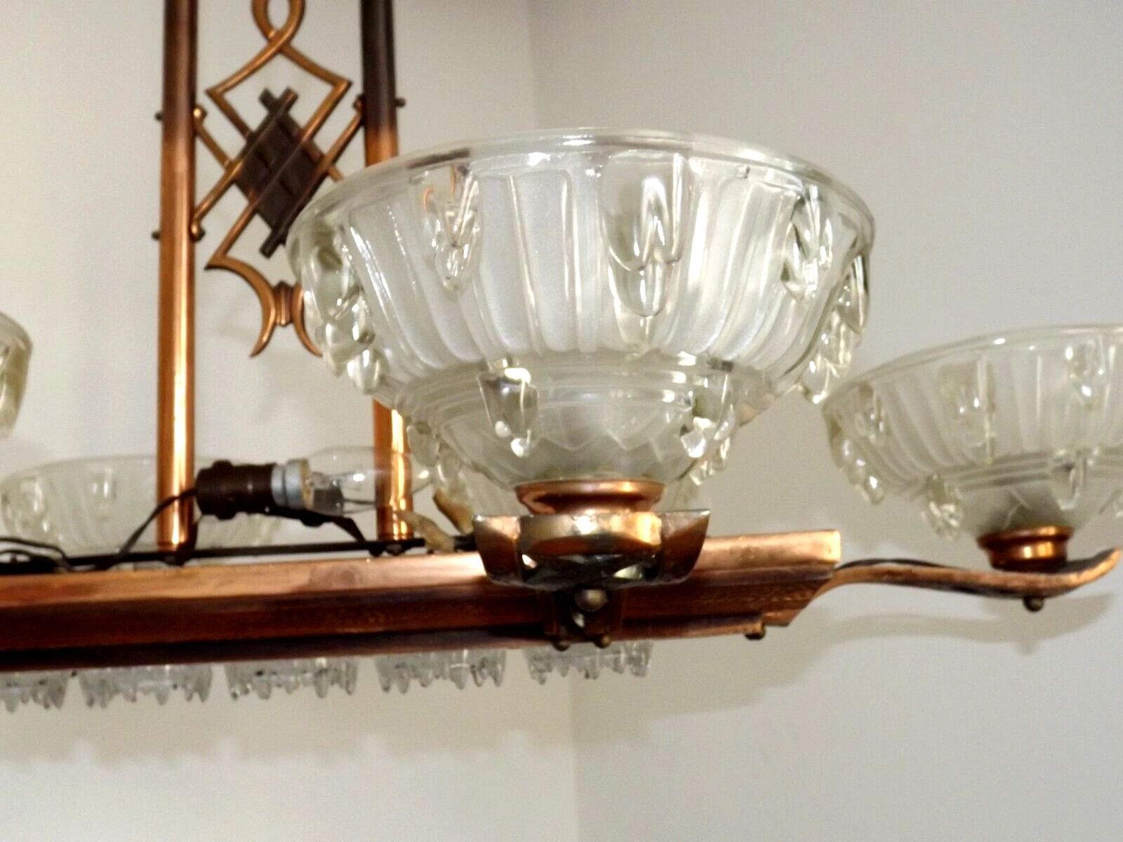 photo vintage French Art Deco 6 Arm, 10 Light Chandelier In Petitot Ezan Style, Copper Tone Finish