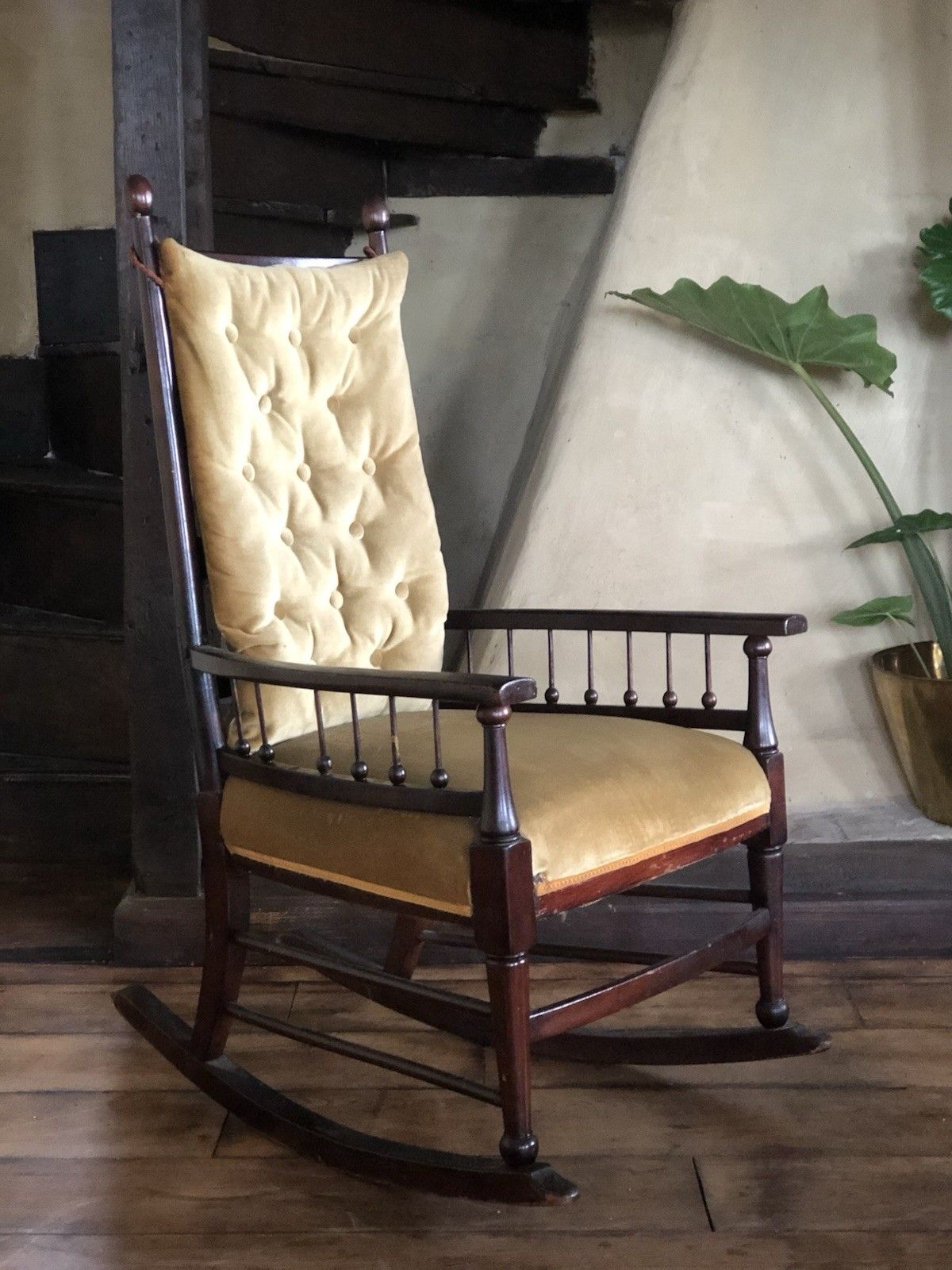 Antique Rich Gold Arts & Crafts Rocking Elbow Armchair Chair By William Birch photo vinterior