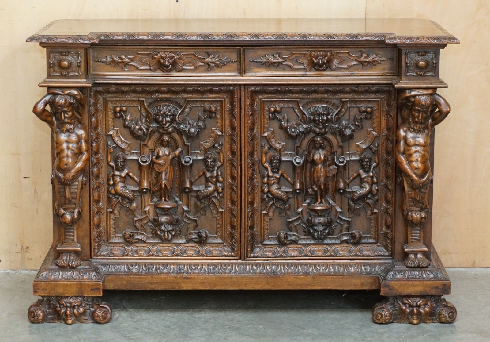Important Antique Circa 1850 French Walnut Ornately Carved Buffet Sideboard photo furniture