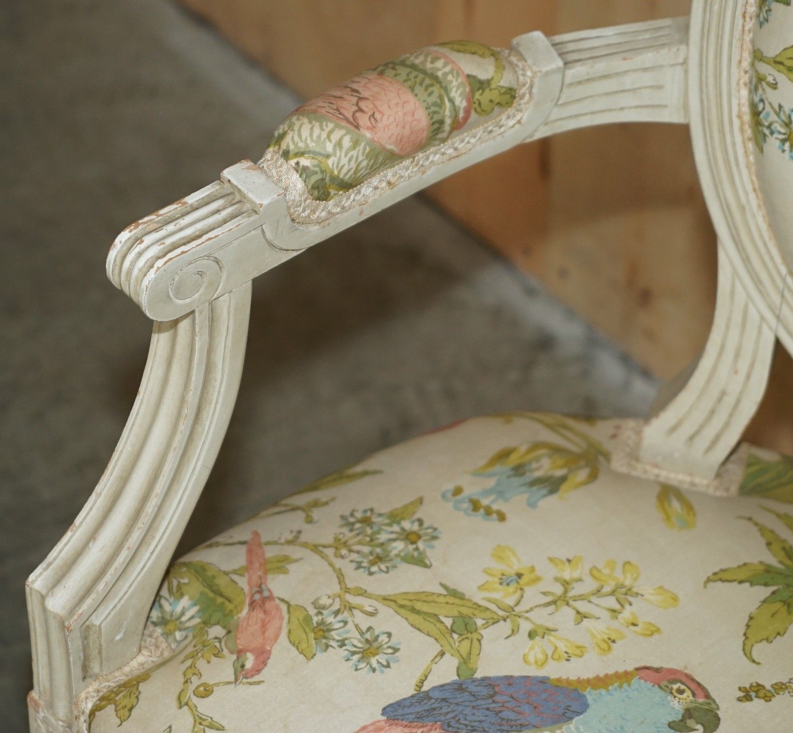 Pair Of Vintage French Louis XVIII Style Fauteuils Armchairs Parrot Upholstery photo buy