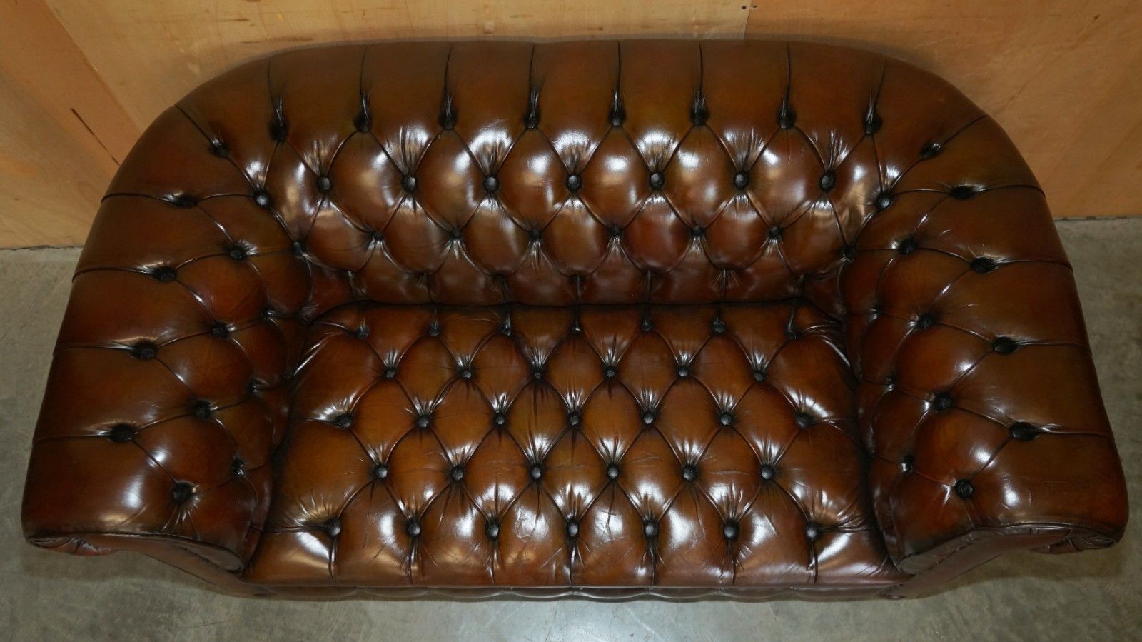 Restored 165cm Wide Chesterfield Fully Tufted Two Seat Brown Leather Club Sofa photo buy