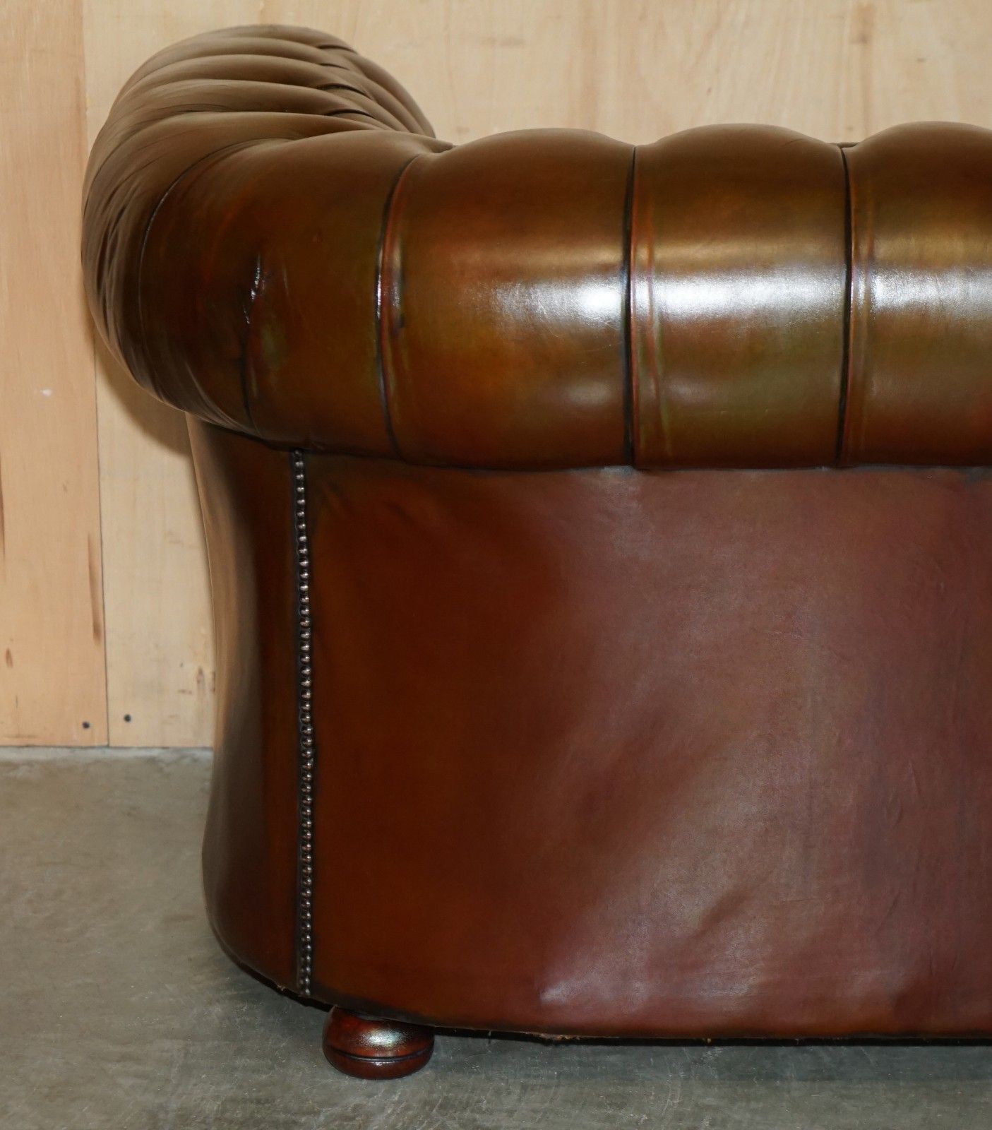 photo buy Restored 165cm Wide Chesterfield Fully Tufted Two Seat Brown Leather Club Sofa