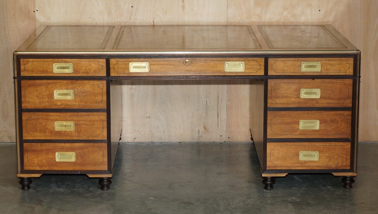 Exquisite Extra Large Double Sided Military Campaign Twin Pedestal Partner Desk photo for sale