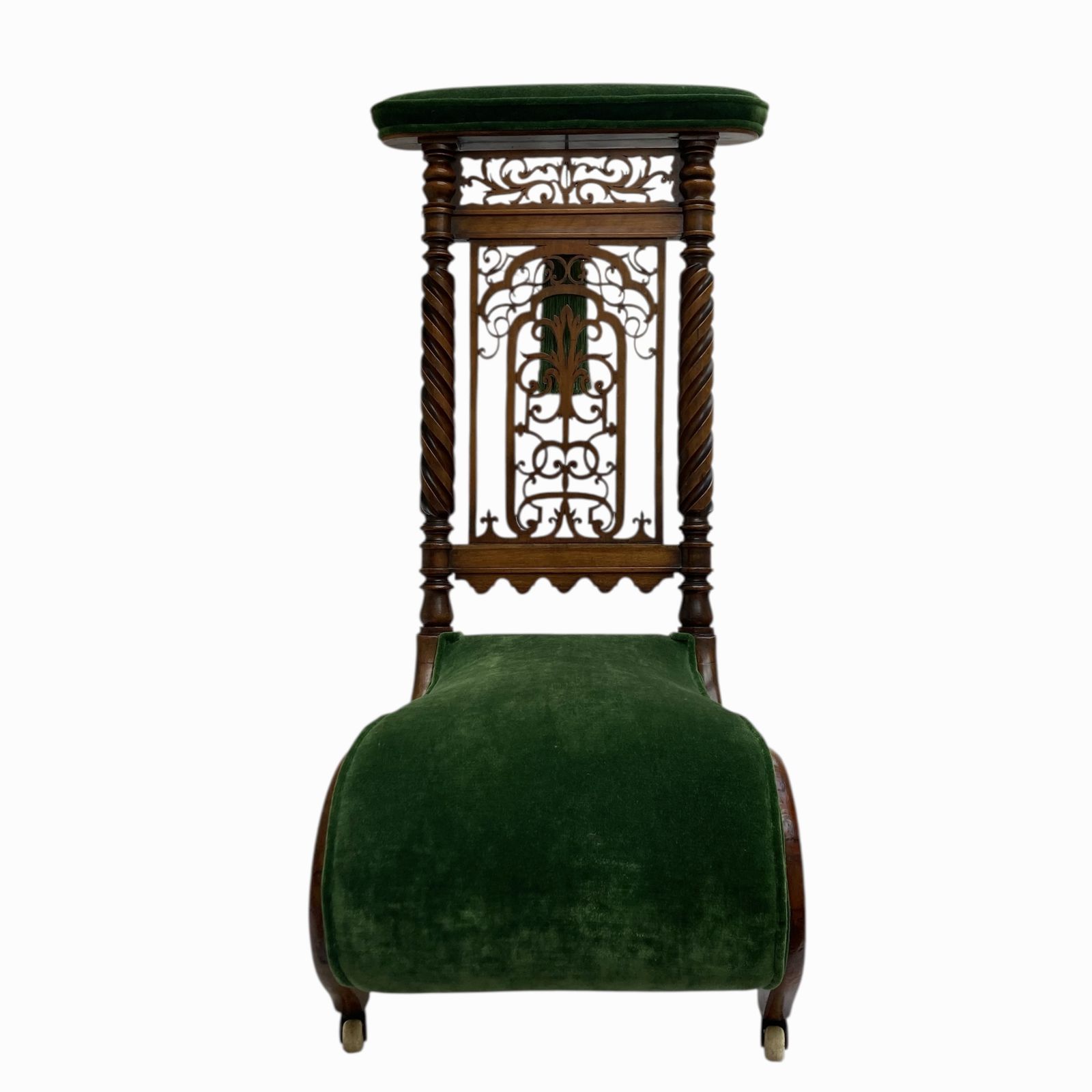 Victorian Walnut Prie Dieu Chair, Circa 1870, With Green Velvet Upholstery And Silk Green Tassels Fully Restored photo 1250.0