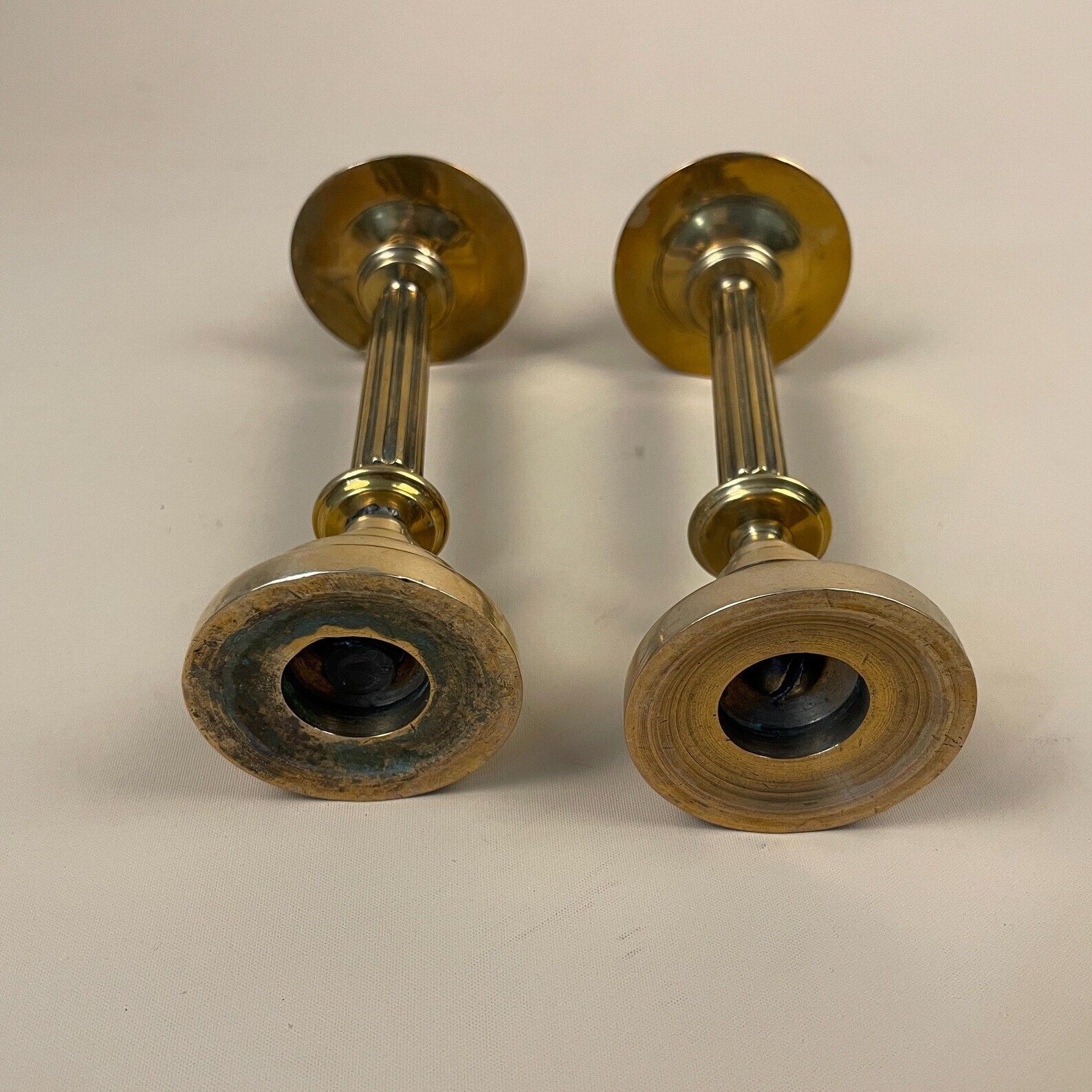 photo for sale Antique Matching Pair Of Gold Brass Metal Candlestick Candle Stick Holders Vintage Column Taper Dinner Candlesticks Column Pillar Set Holder