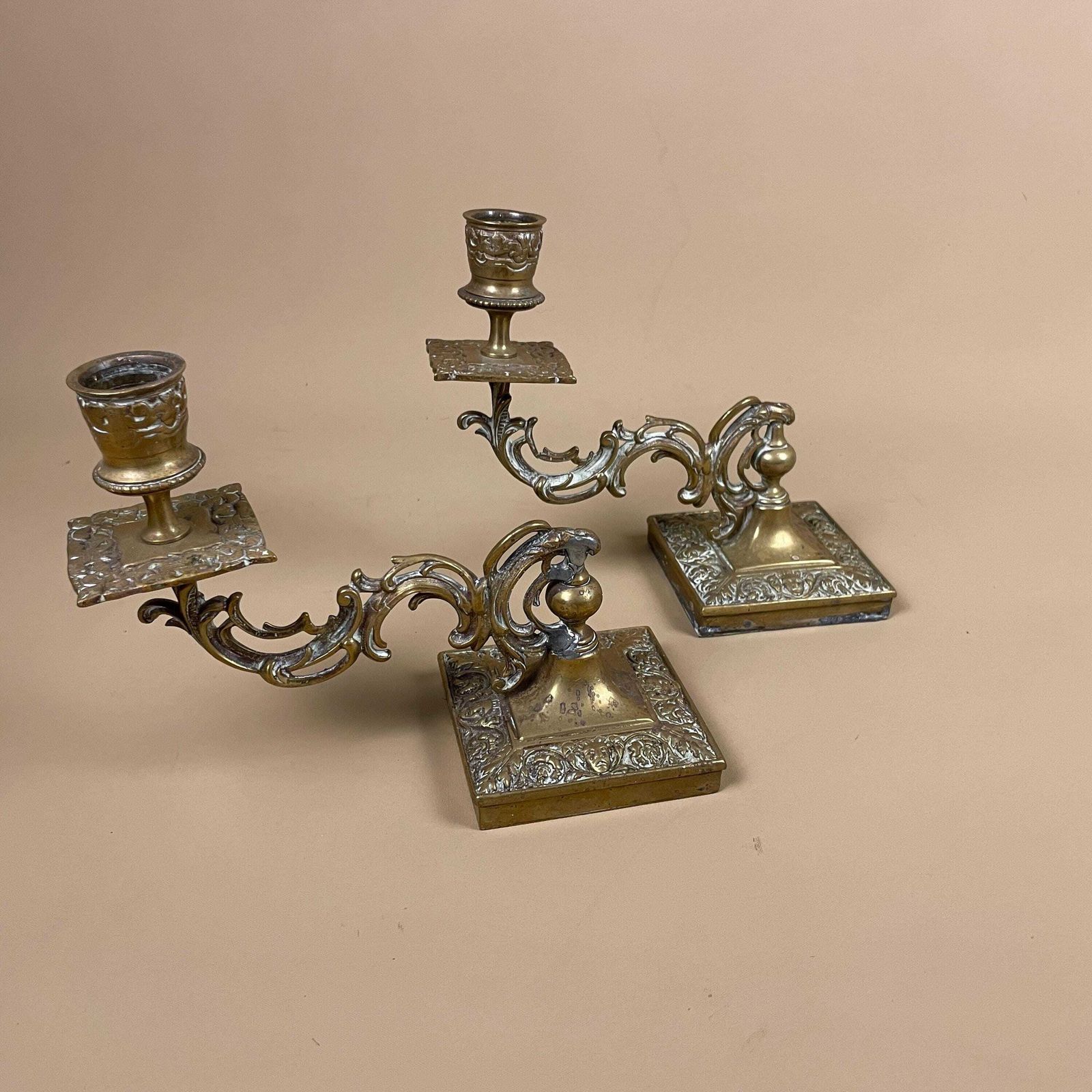 Antique Matching Pair Of Gold Brass Metal Candlestick Candle Stick Holders Vintage Pattern Taper Dinner Candlesticks Arms Ornate Set Holder