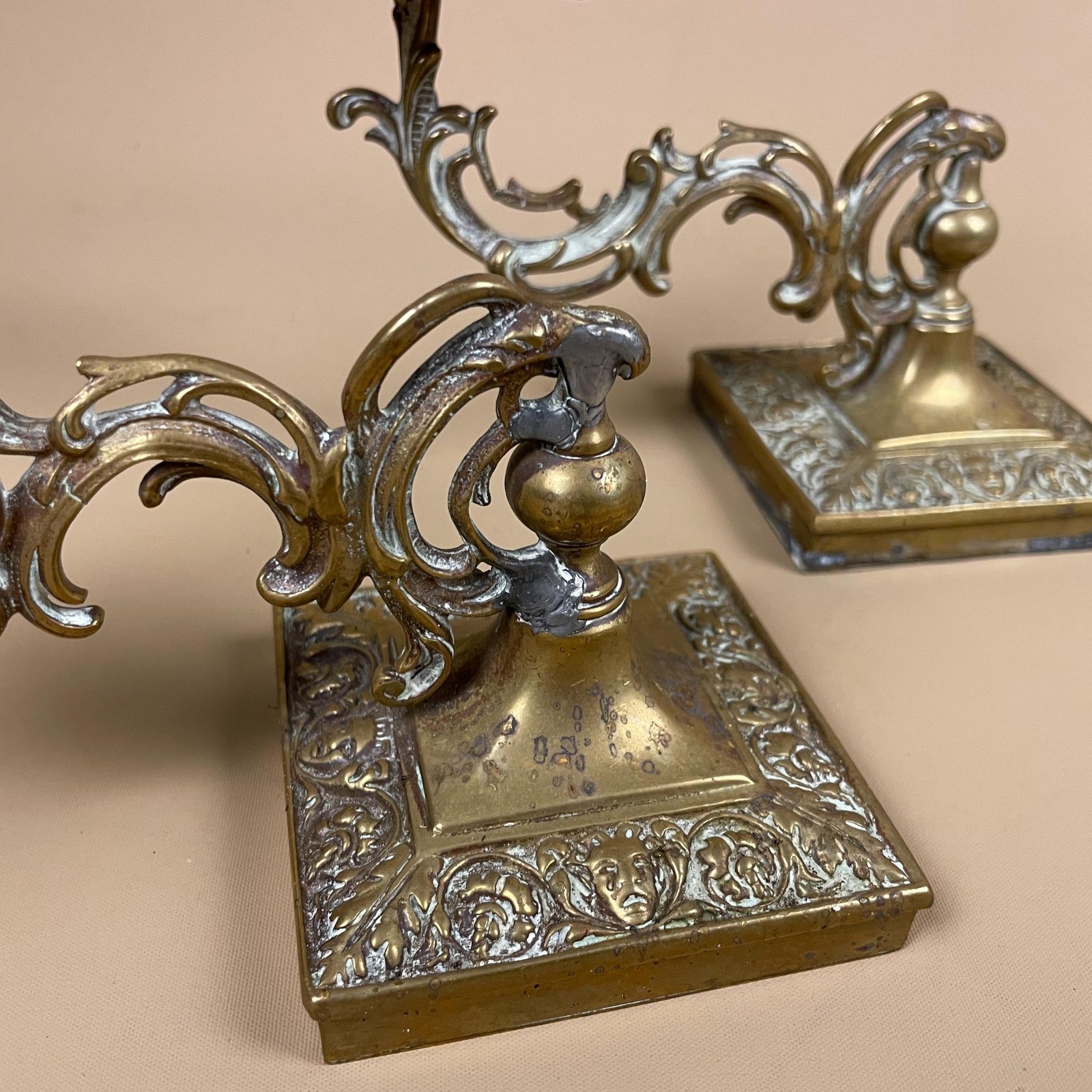 Antique Matching Pair Of Gold Brass Metal Candlestick Candle Stick Holders Vintage Pattern Taper Dinner Candlesticks Arms Ornate Set Holder photo for sale