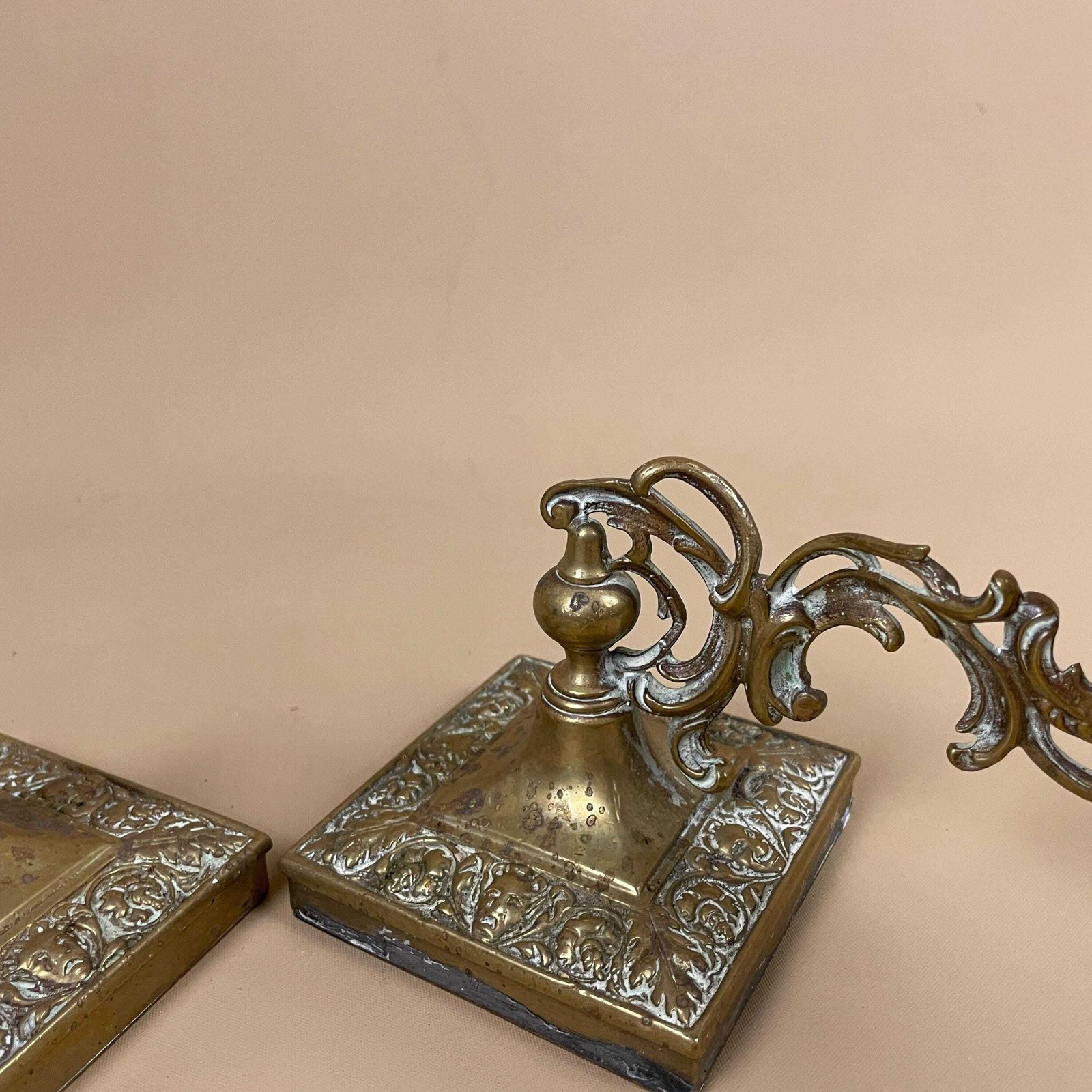 Antique Matching Pair Of Gold Brass Metal Candlestick Candle Stick Holders Vintage Pattern Taper Dinner Candlesticks Arms Ornate Set Holder photo vinterior