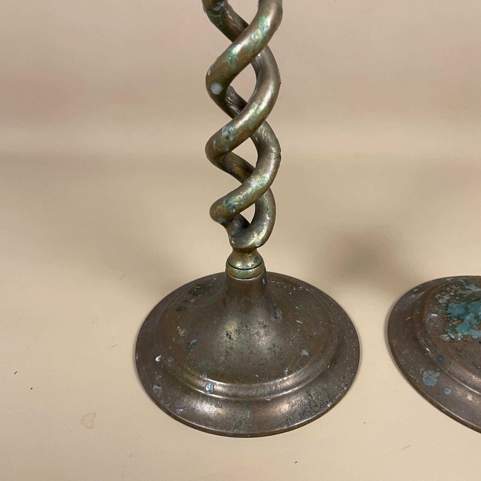 Antique Matching Pair Of Gold Brass Metal Candlestick Candle Stick Vintage Column Taper Dinner Candlesticks Twisted Twist Round Base Holders photo buy