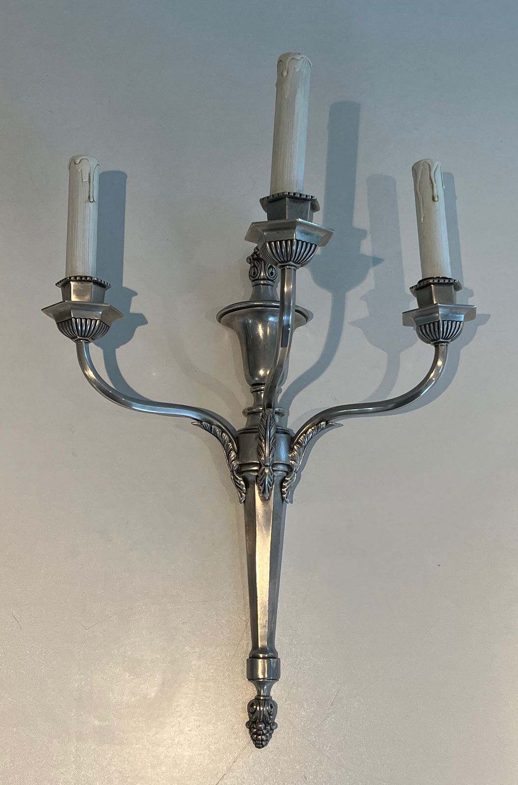 Pair Of Large Louis XVI Style Wall Lights In Silver Metal With 3 Light Arms photo Lighting