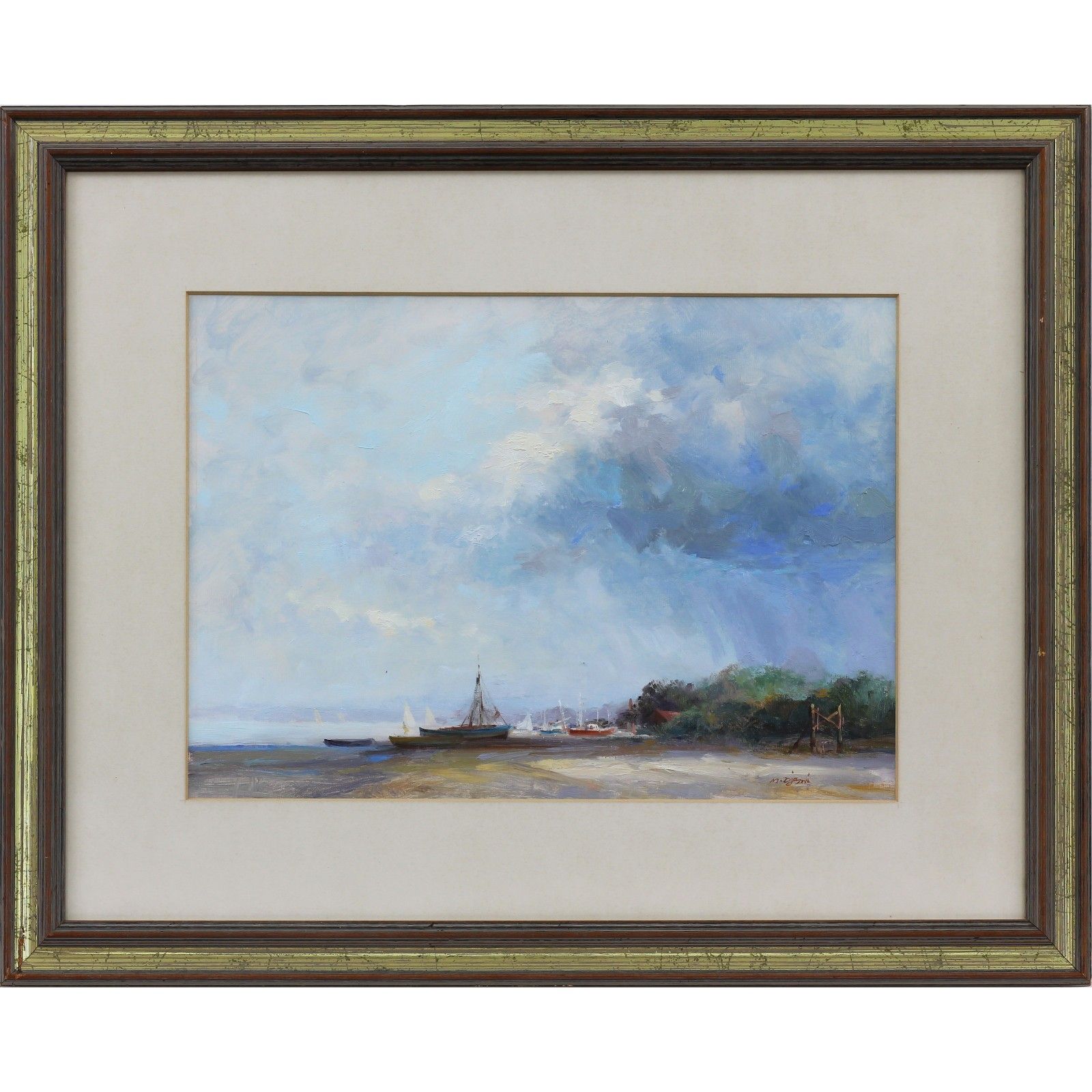 Oil On Board Behind Glass By Mohammed Djazmi. Beached Fishing Boats.