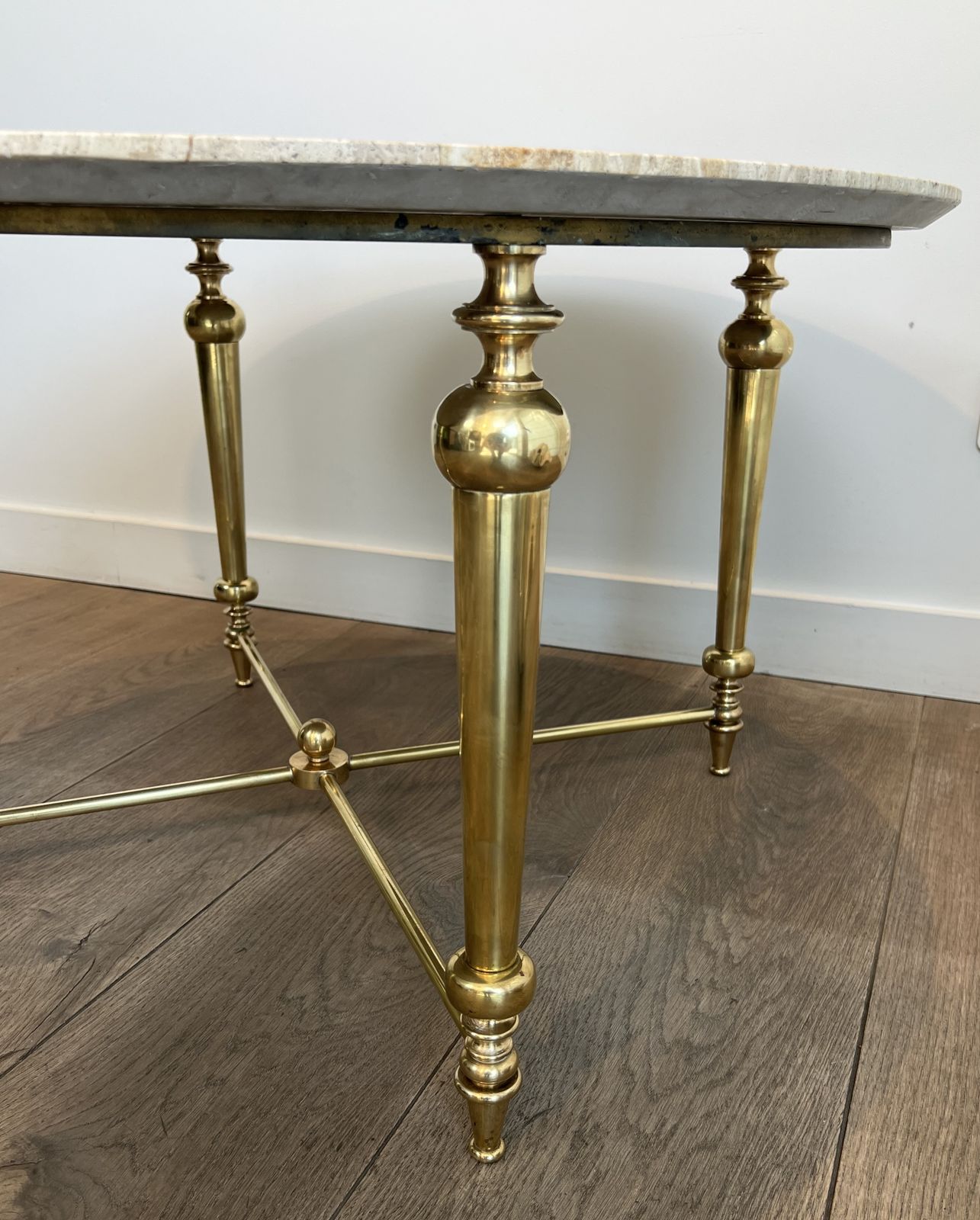 photo for sale Brass Coffee Table With White Marble Top In The Style Of Maison Ramsay