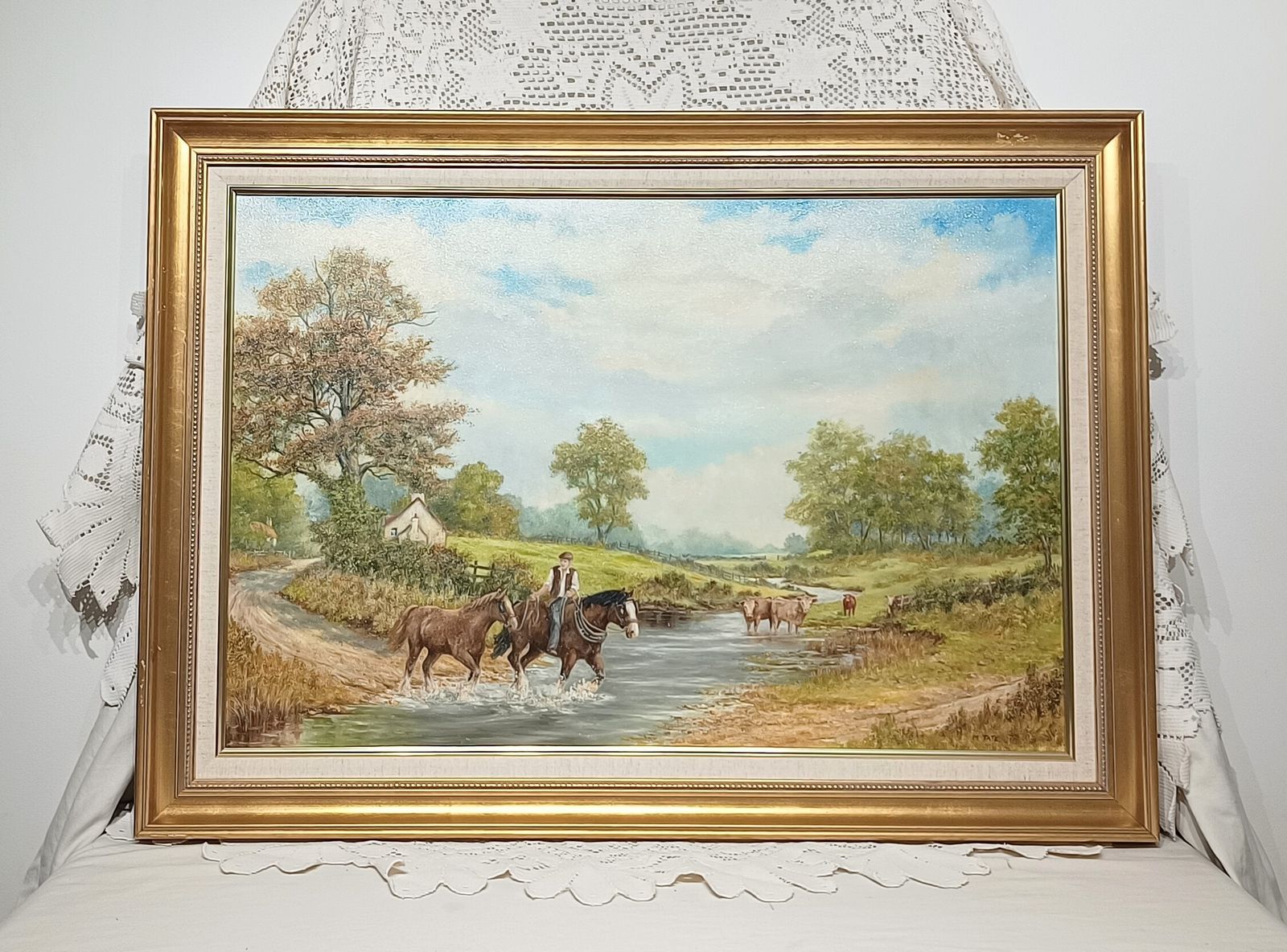 Large Impressive Oil Painting On Canvas,Working Horses Coming Home Artist Signed.